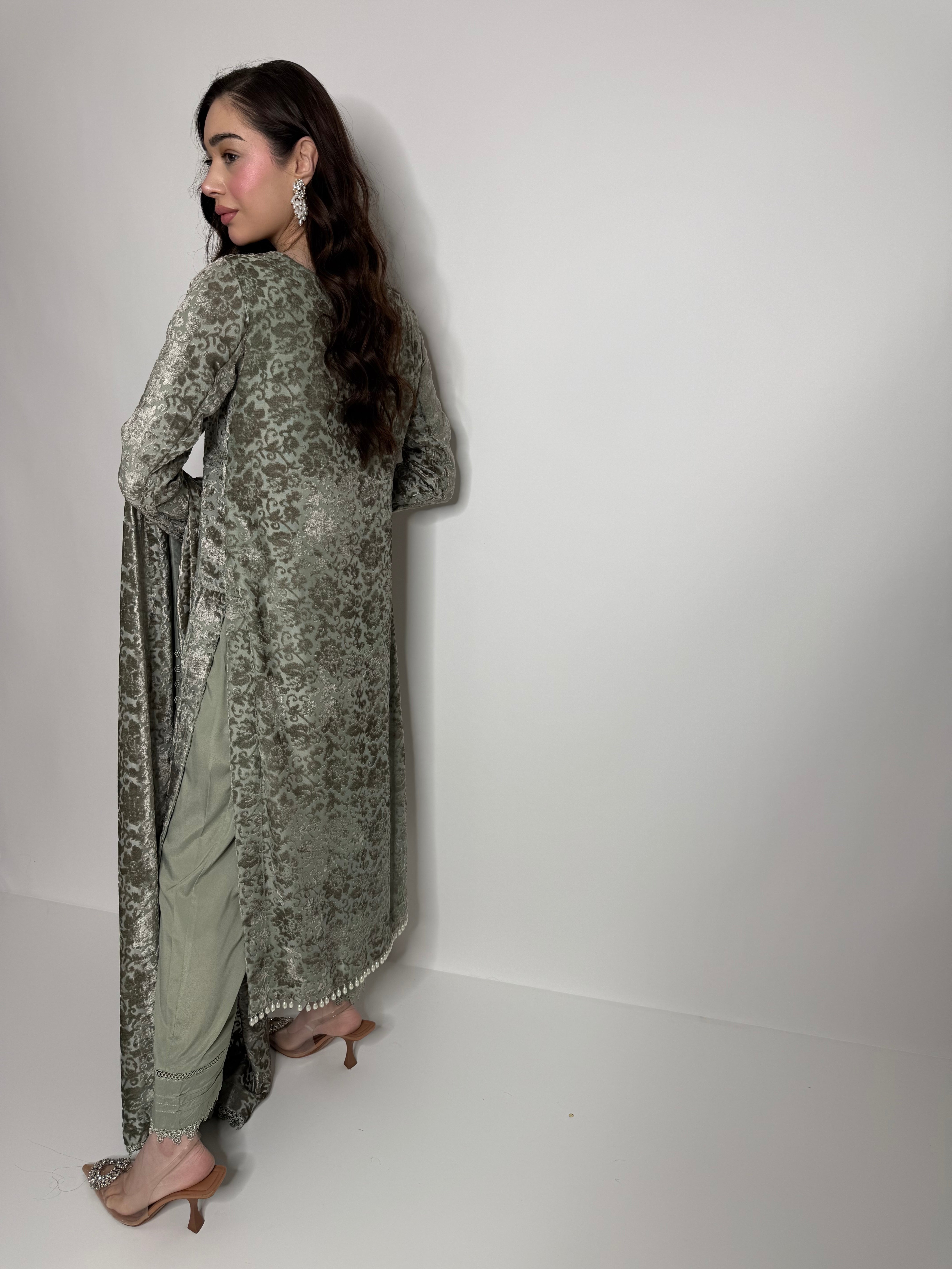 Sage palachi suit with refined embroidered finish