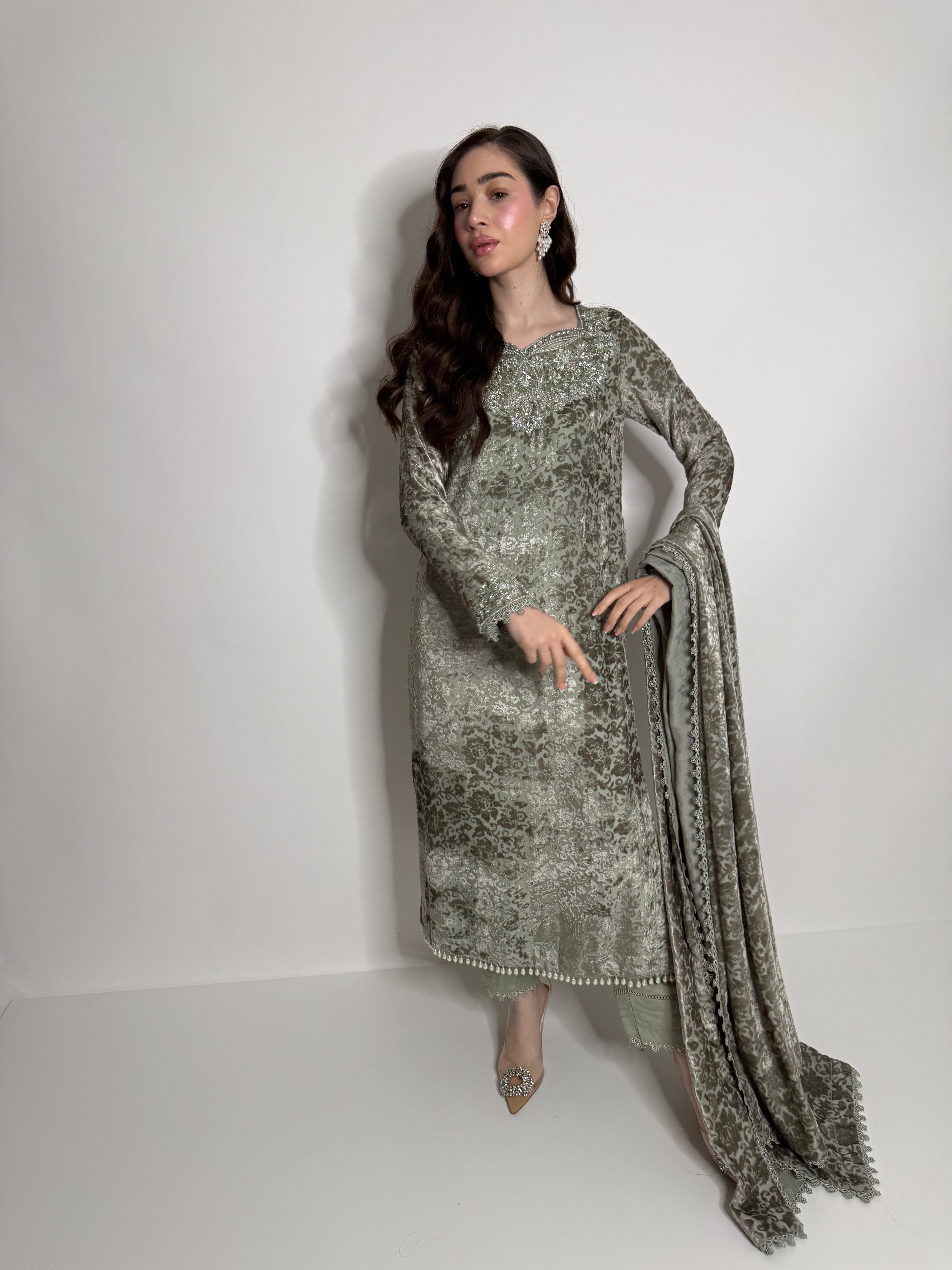 Pakistani occasion wear sage palachi ensemble