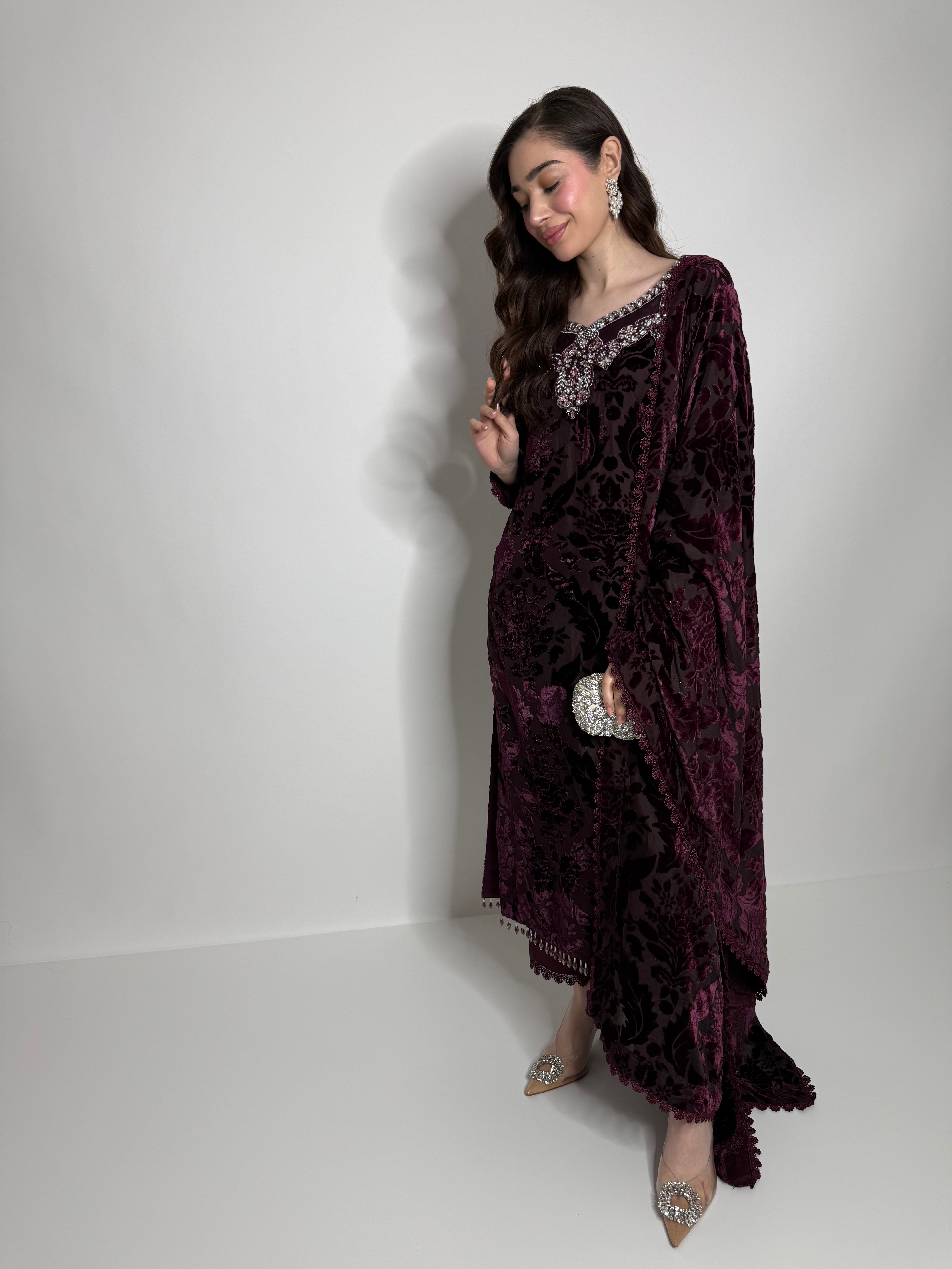Pakistani palachi three-piece for evening wear