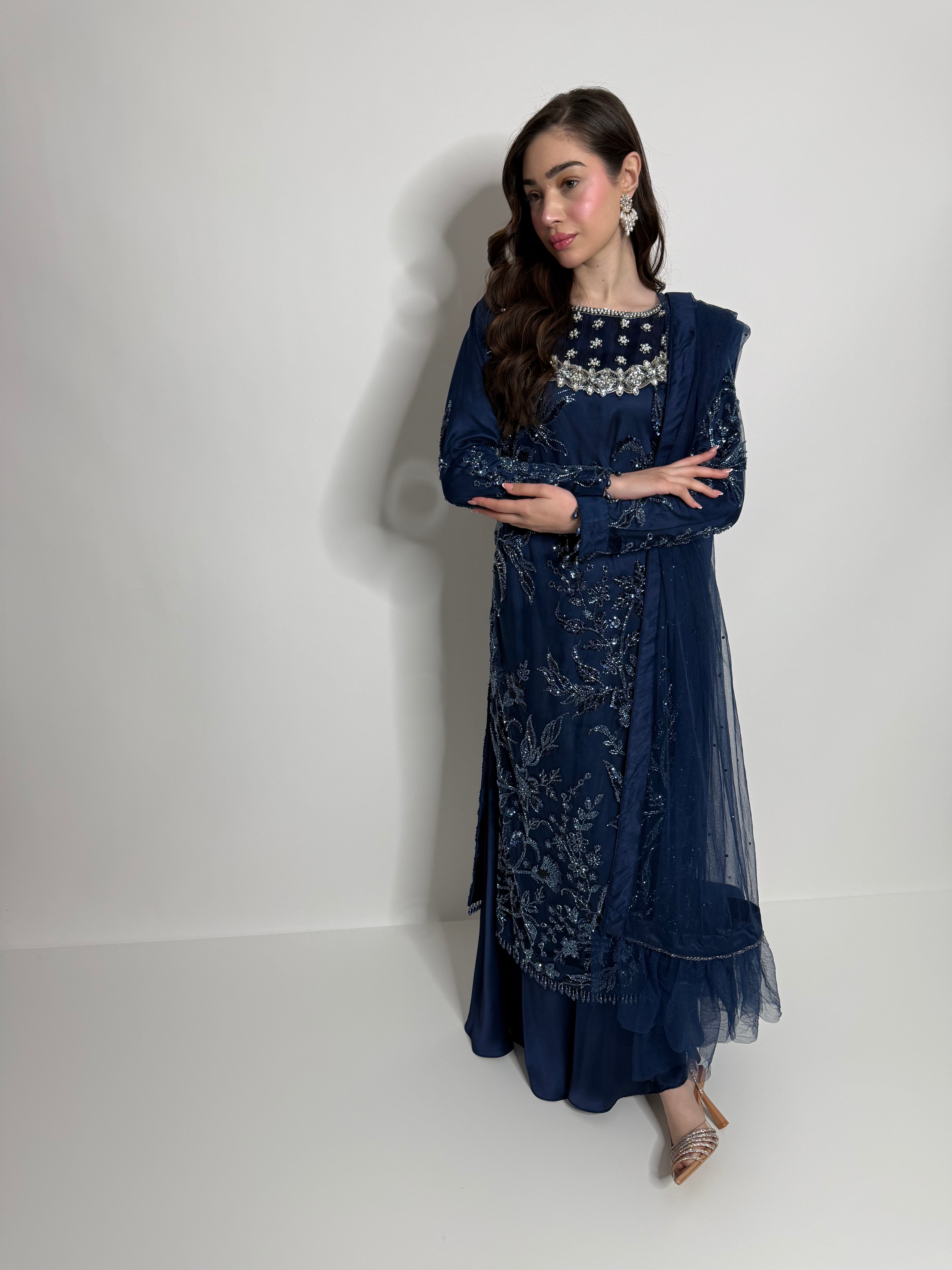 Luxury navy Pakistani three-piece featuring fully embroidered silk shirt and sharara trousers