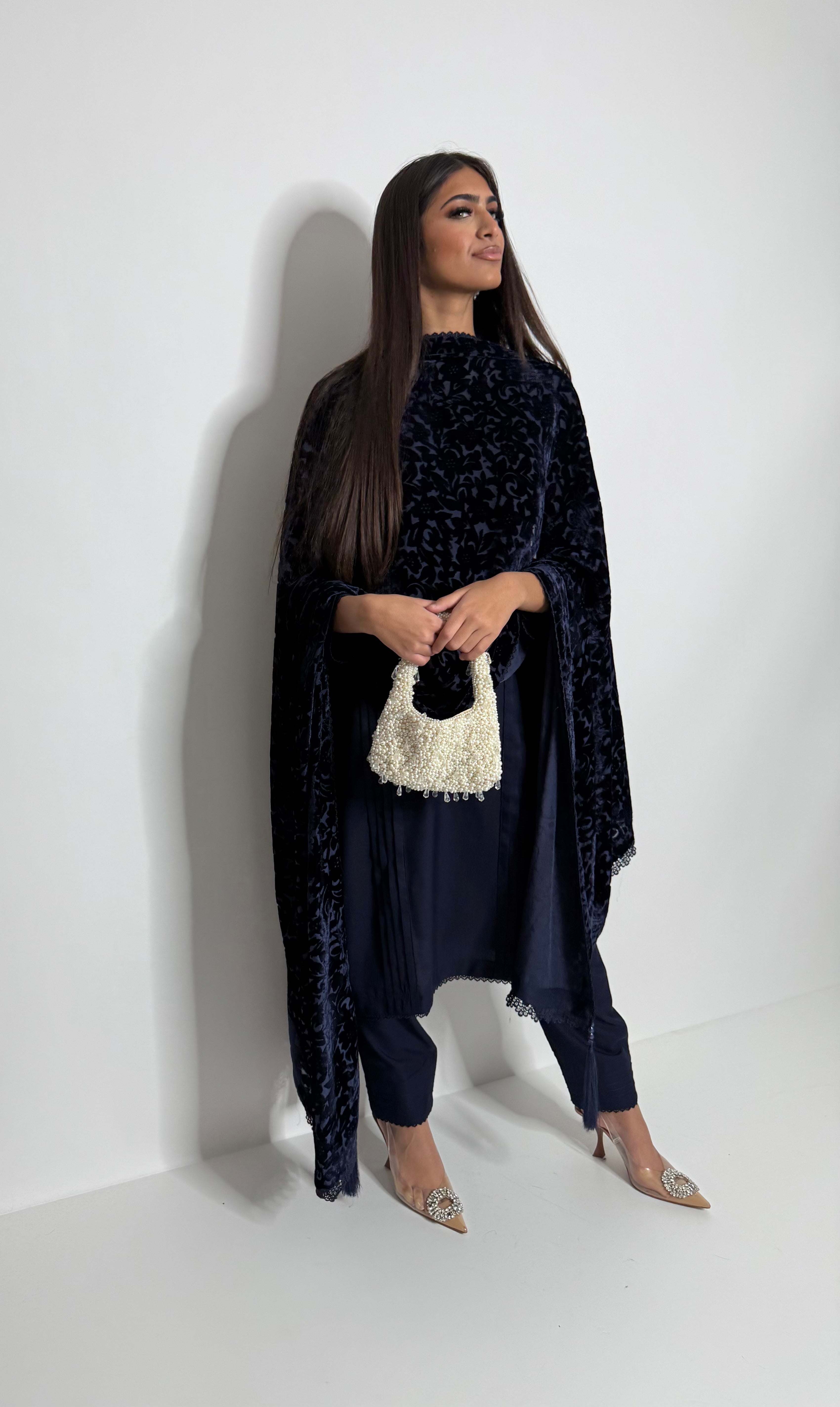 Ready to wear navy Pakistani suit with palachi shawl