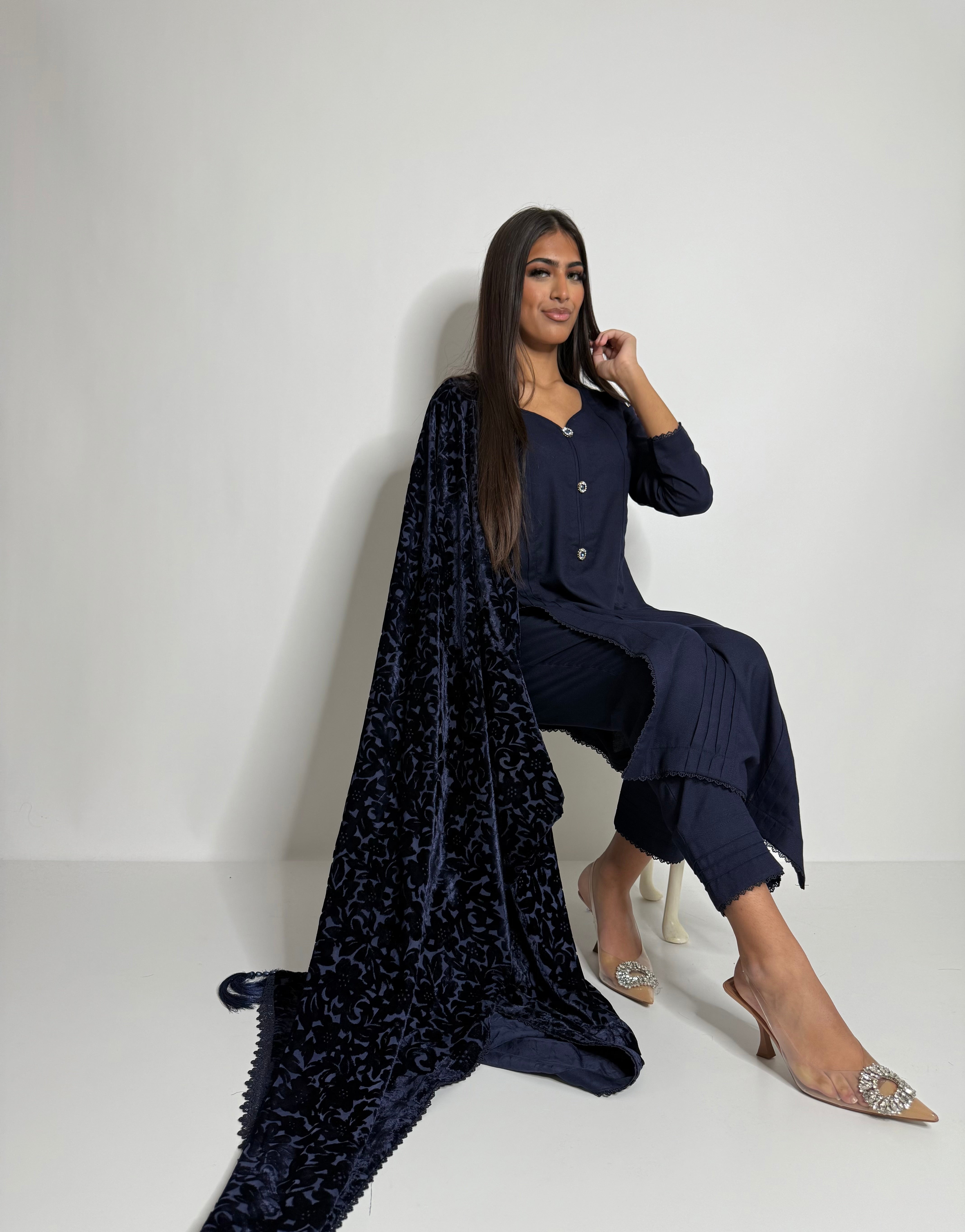 Navy modest Pakistani outfit with marina fabric
