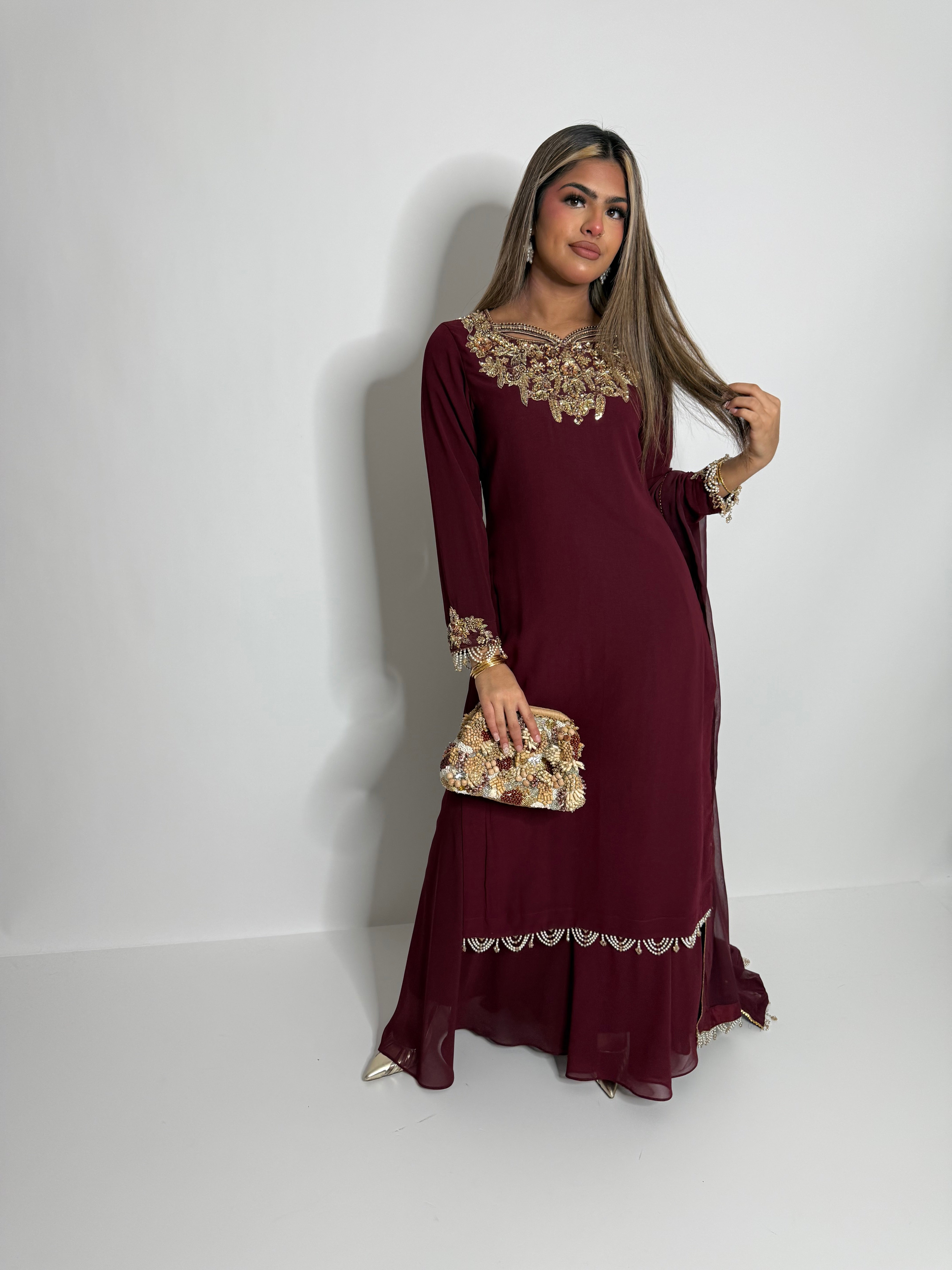Ismara Maroon Embroidered Sharara Three-Piece