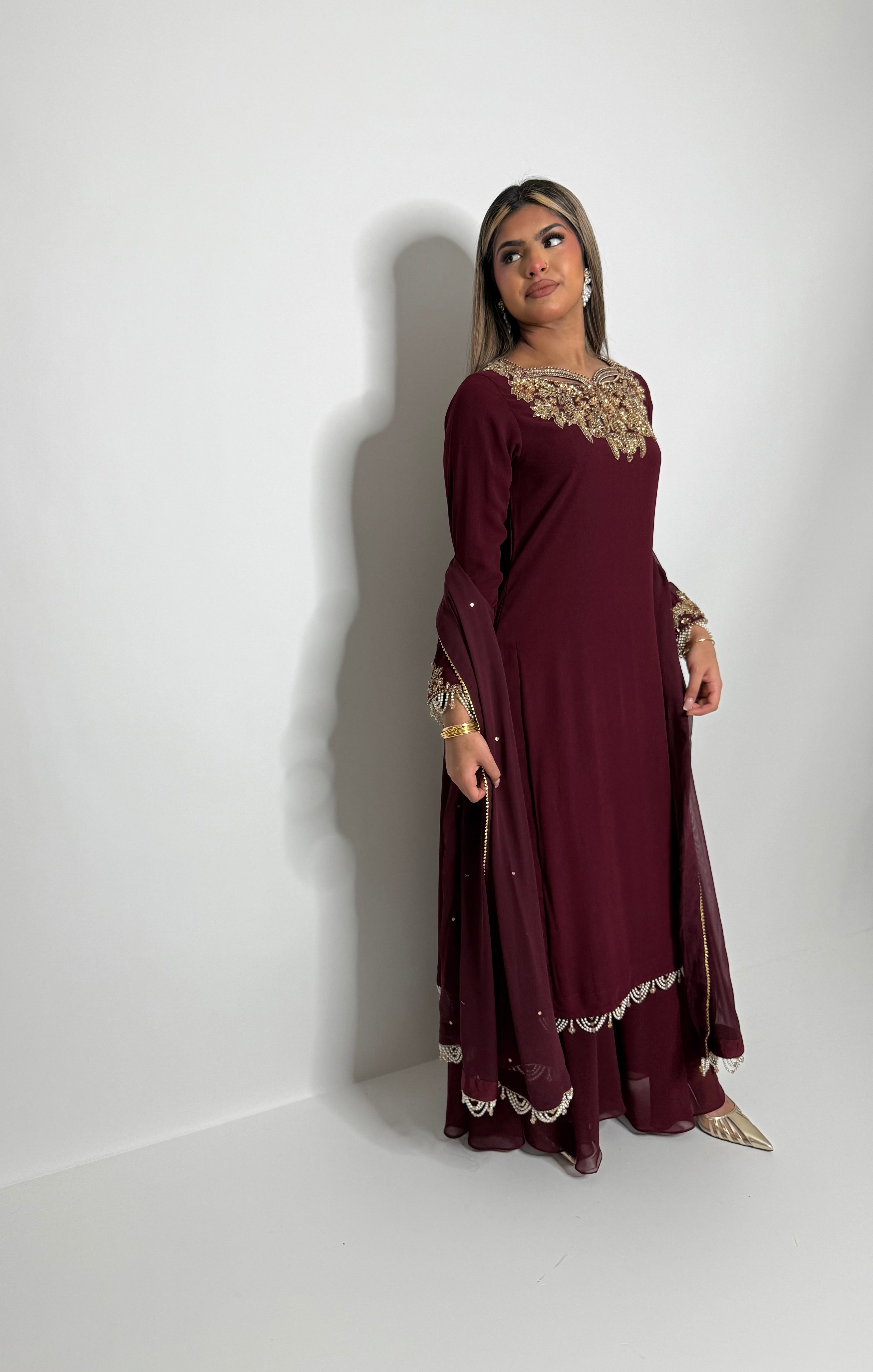 Luxury Eid outfit in deep maroon