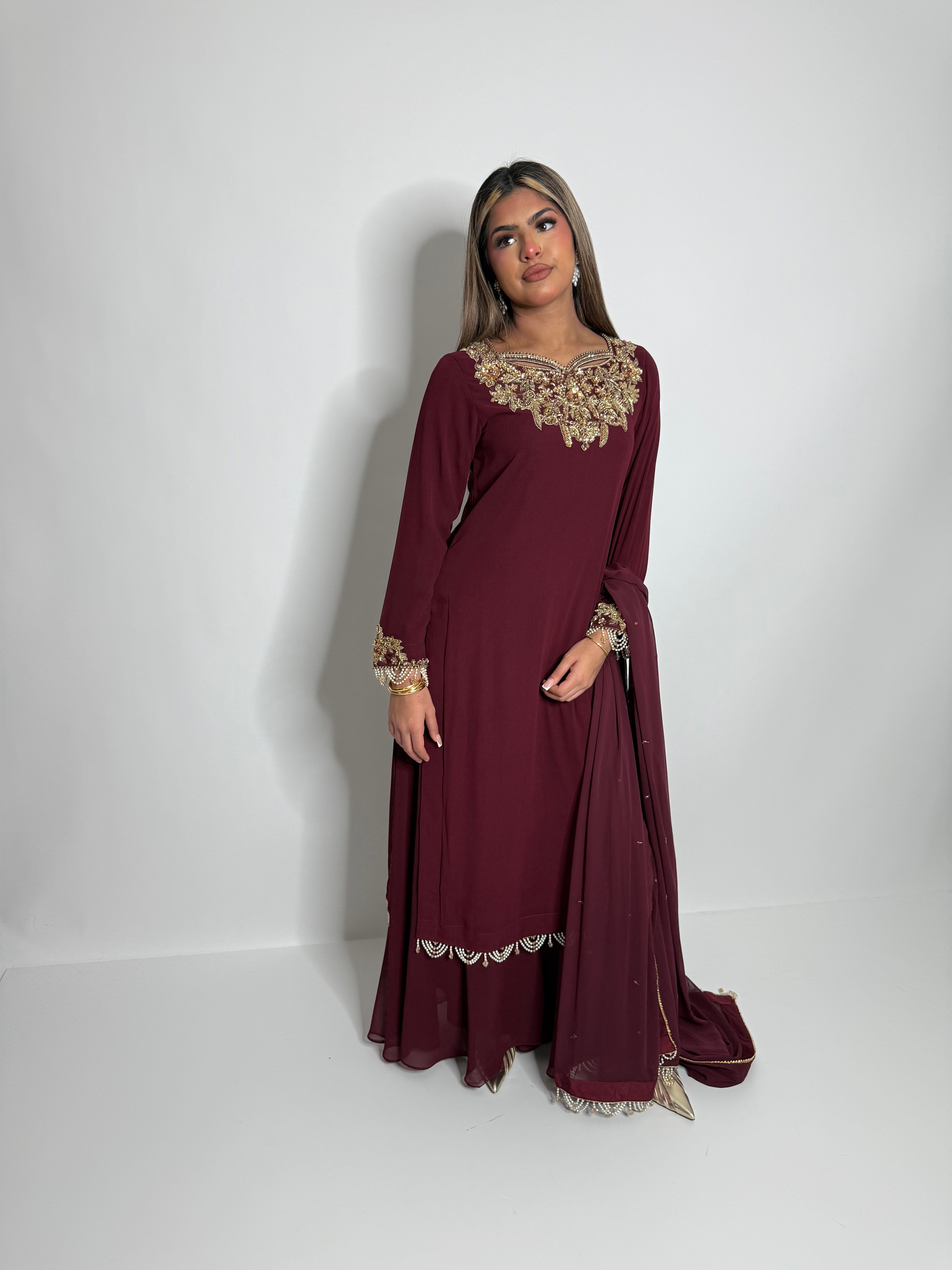 Ismara Maroon Embroidered Sharara Three-Piece