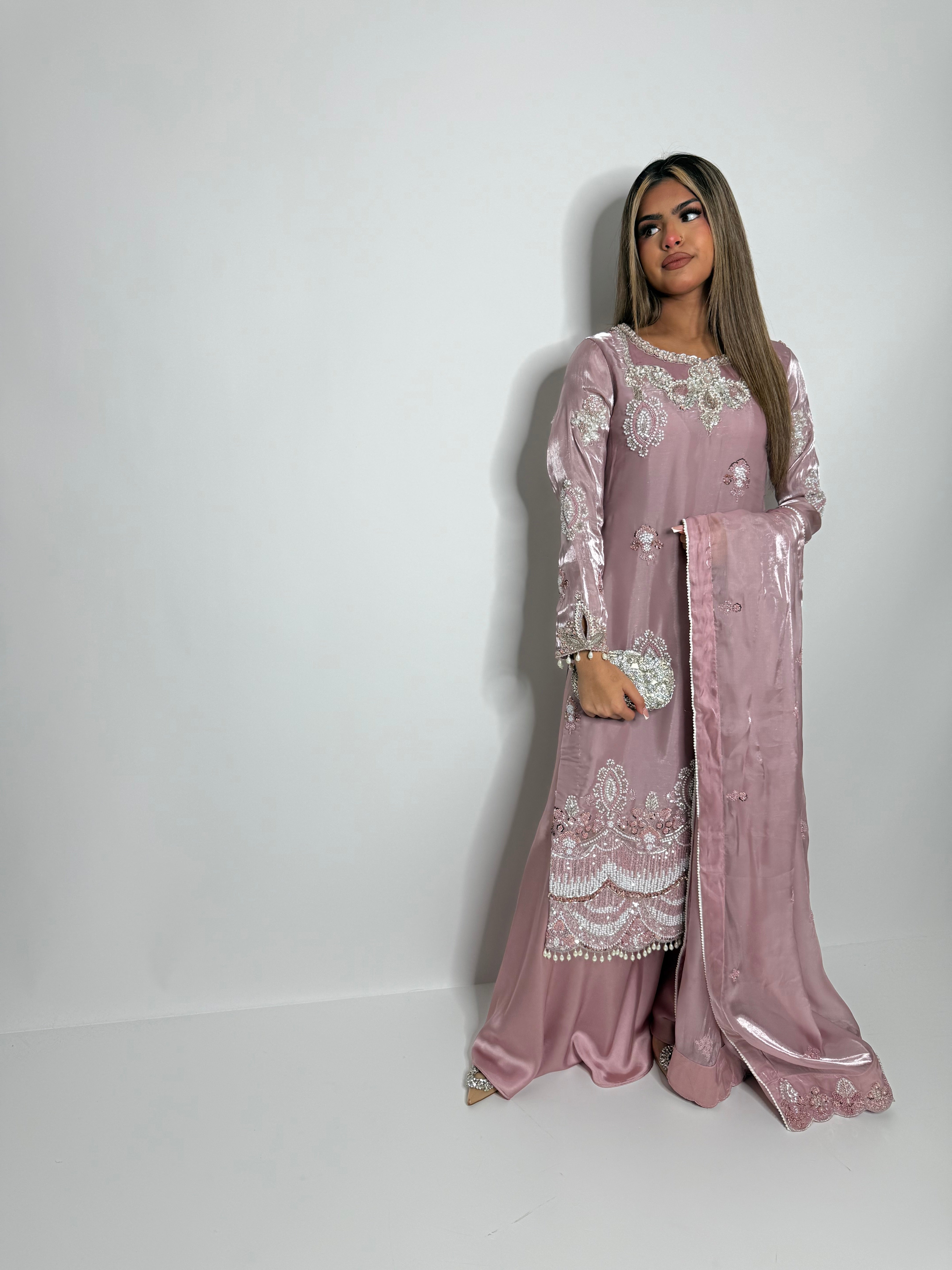 Wedding outfit Asian wear in blush pink silk