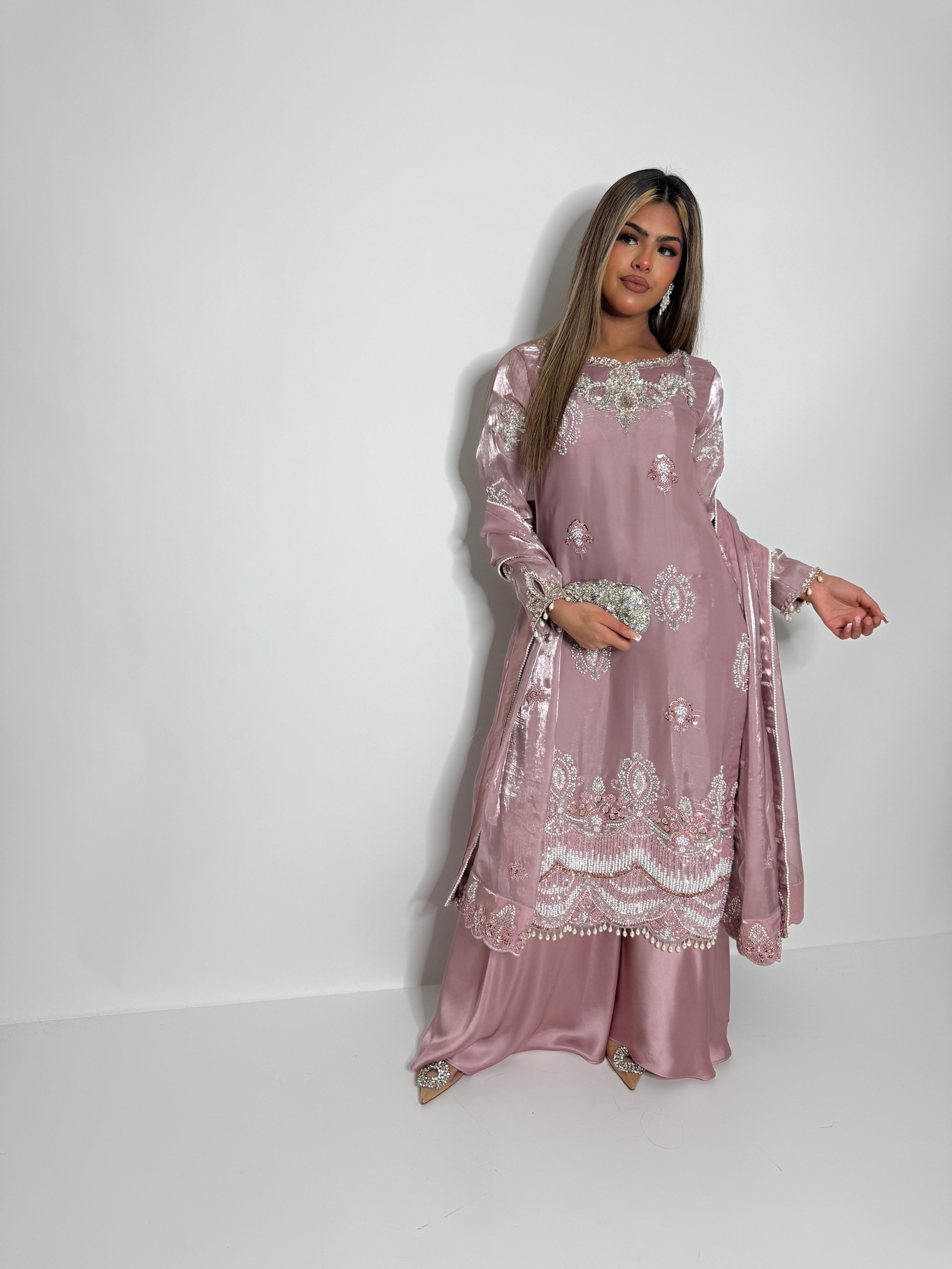 Luxury blush pink silk outfit with cutdana handwork