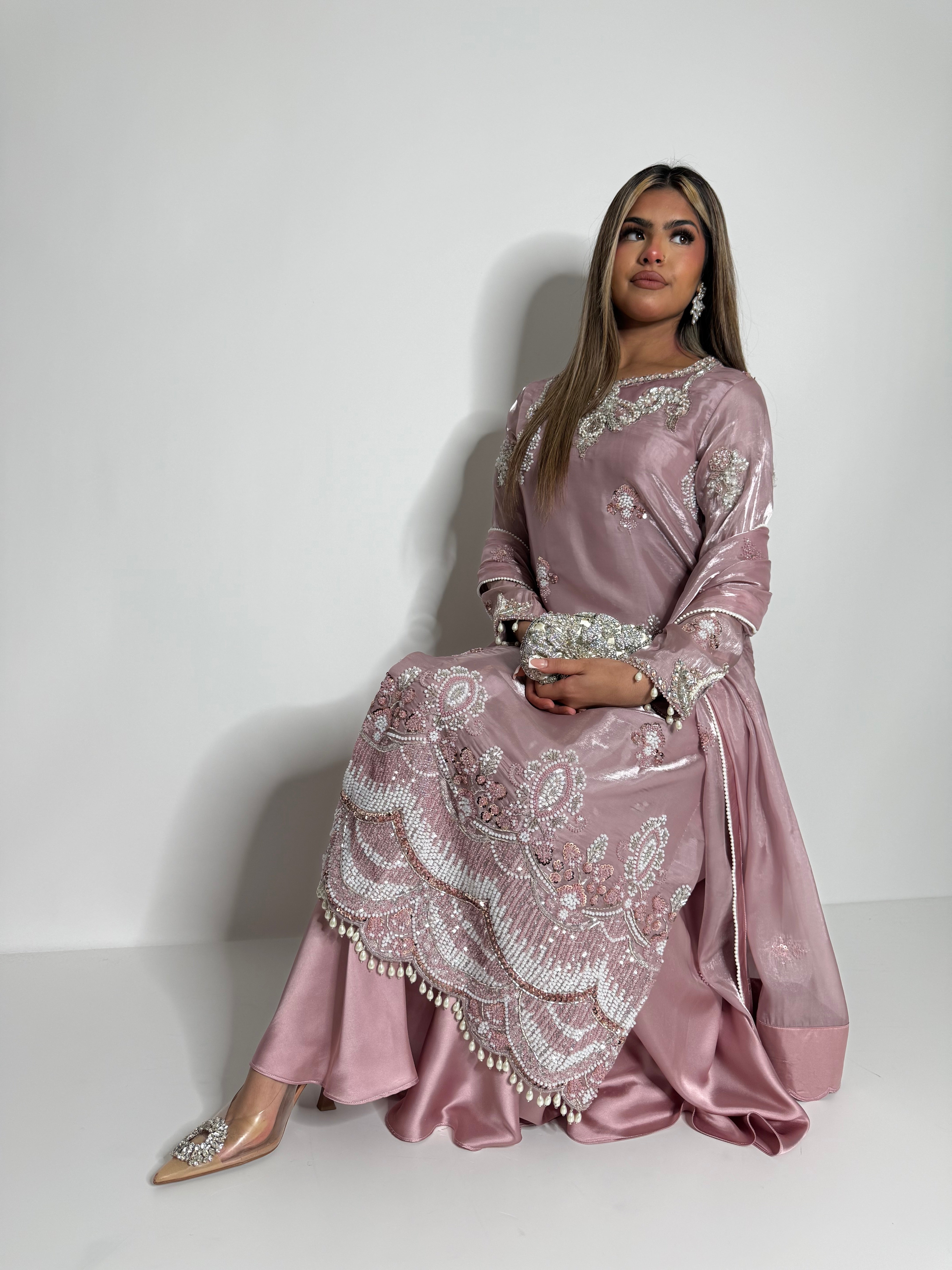 Blush pink cutdana silk outfit with embroidered neckline and wrists