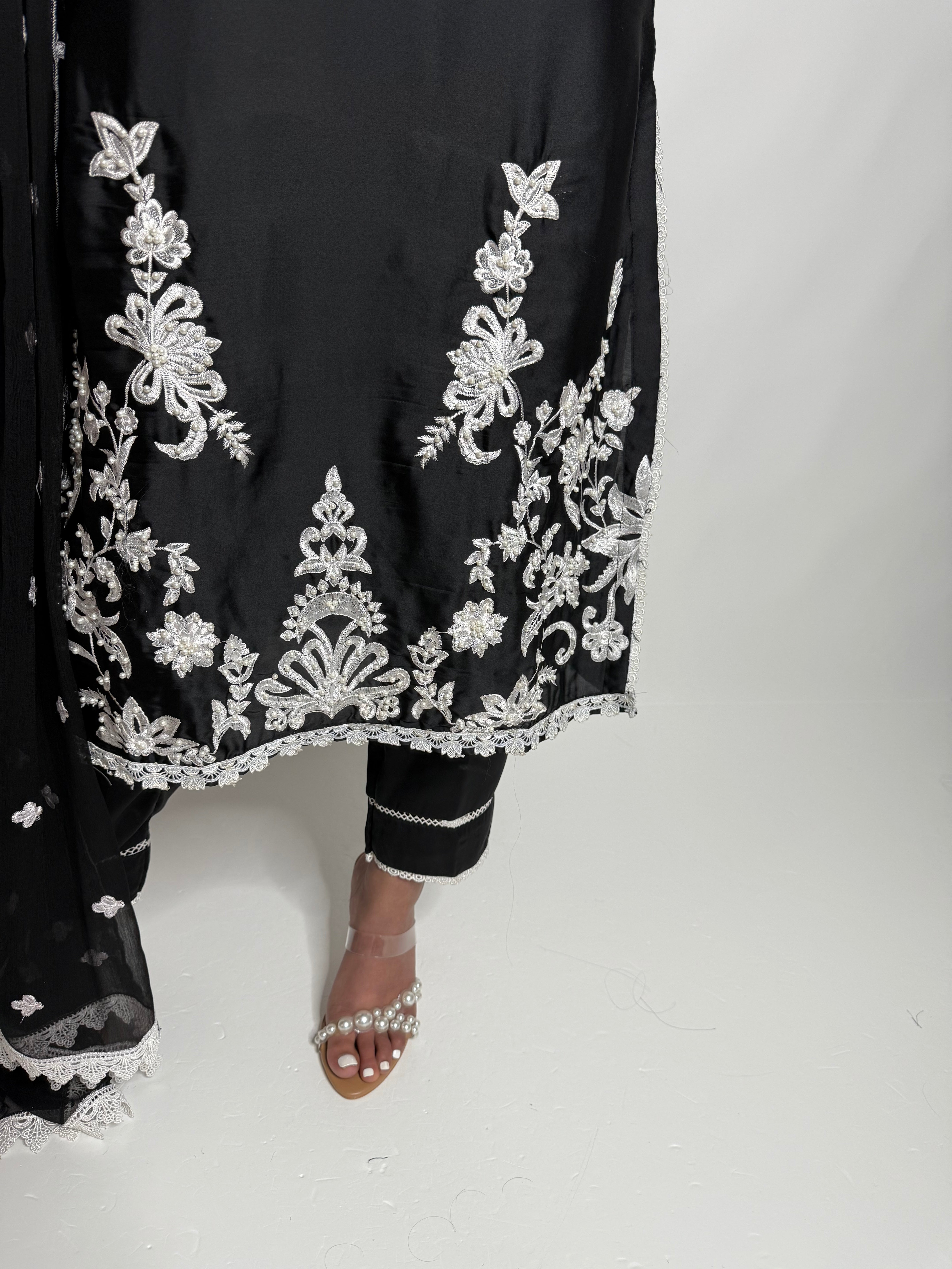 Midnight Monsoon – Black Silk Embroidered Set