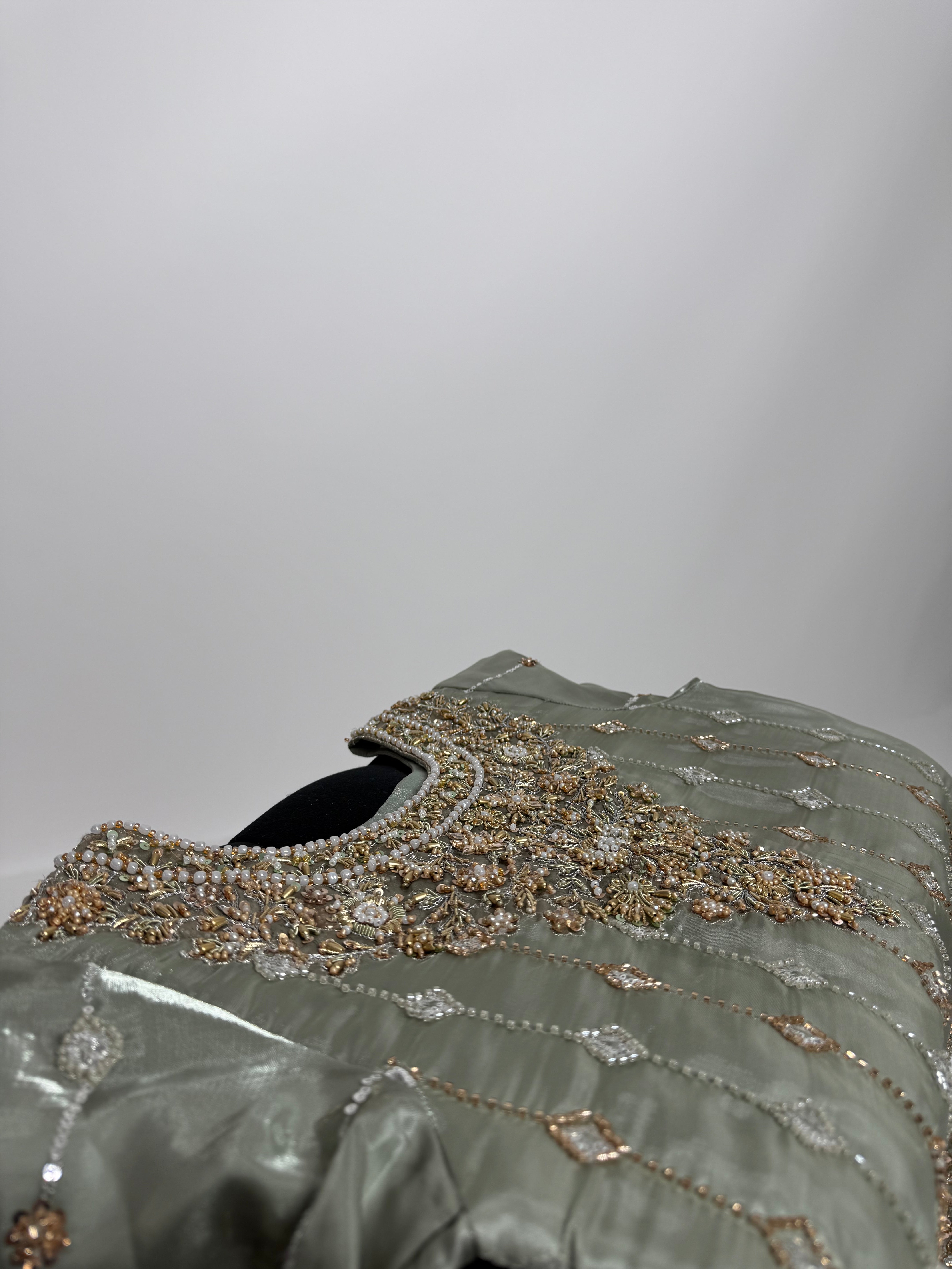 Modest Pakistani outfit in sage with cutdana embroidery