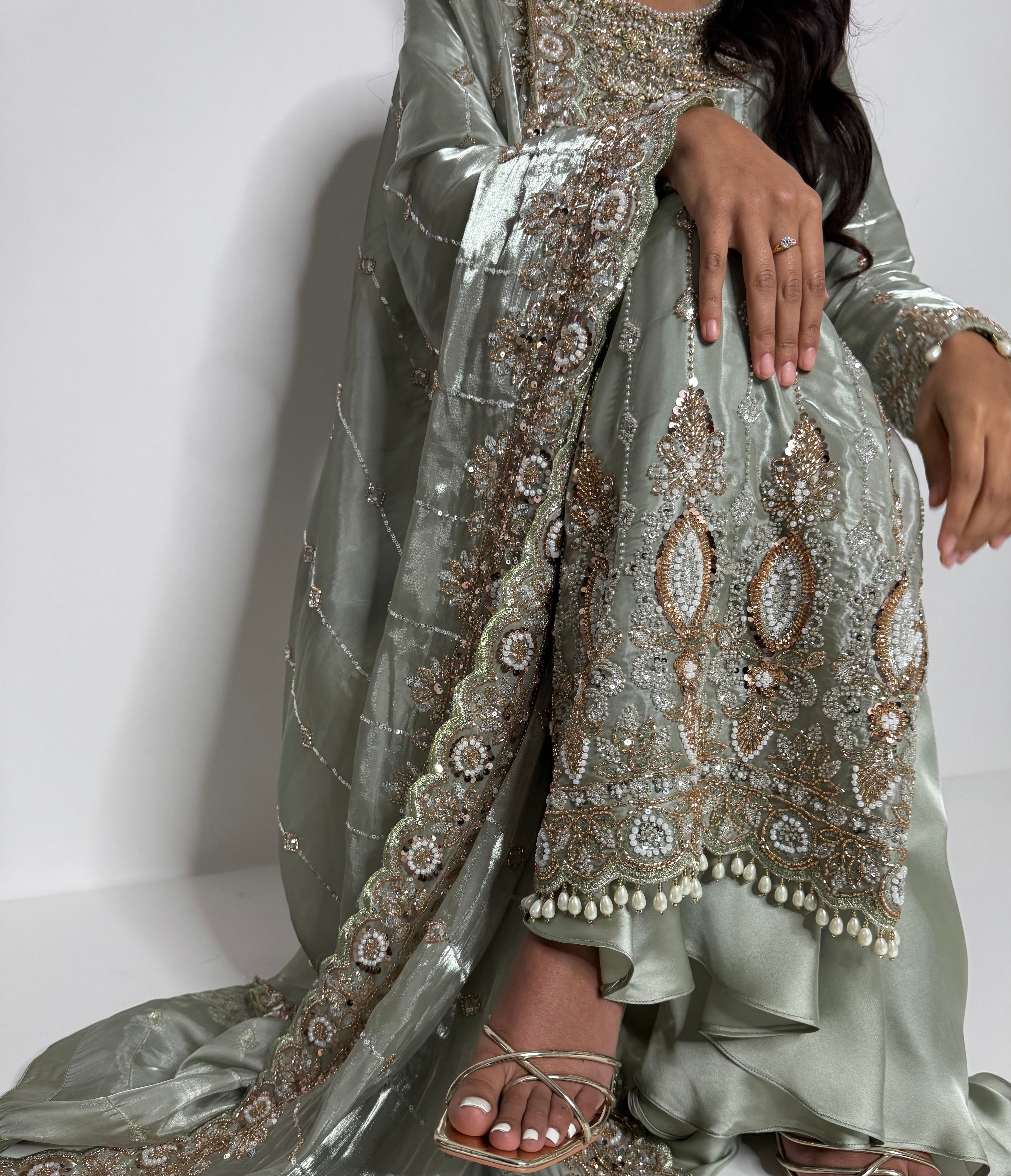 Luxury Eid outfit in sage cutdana silk