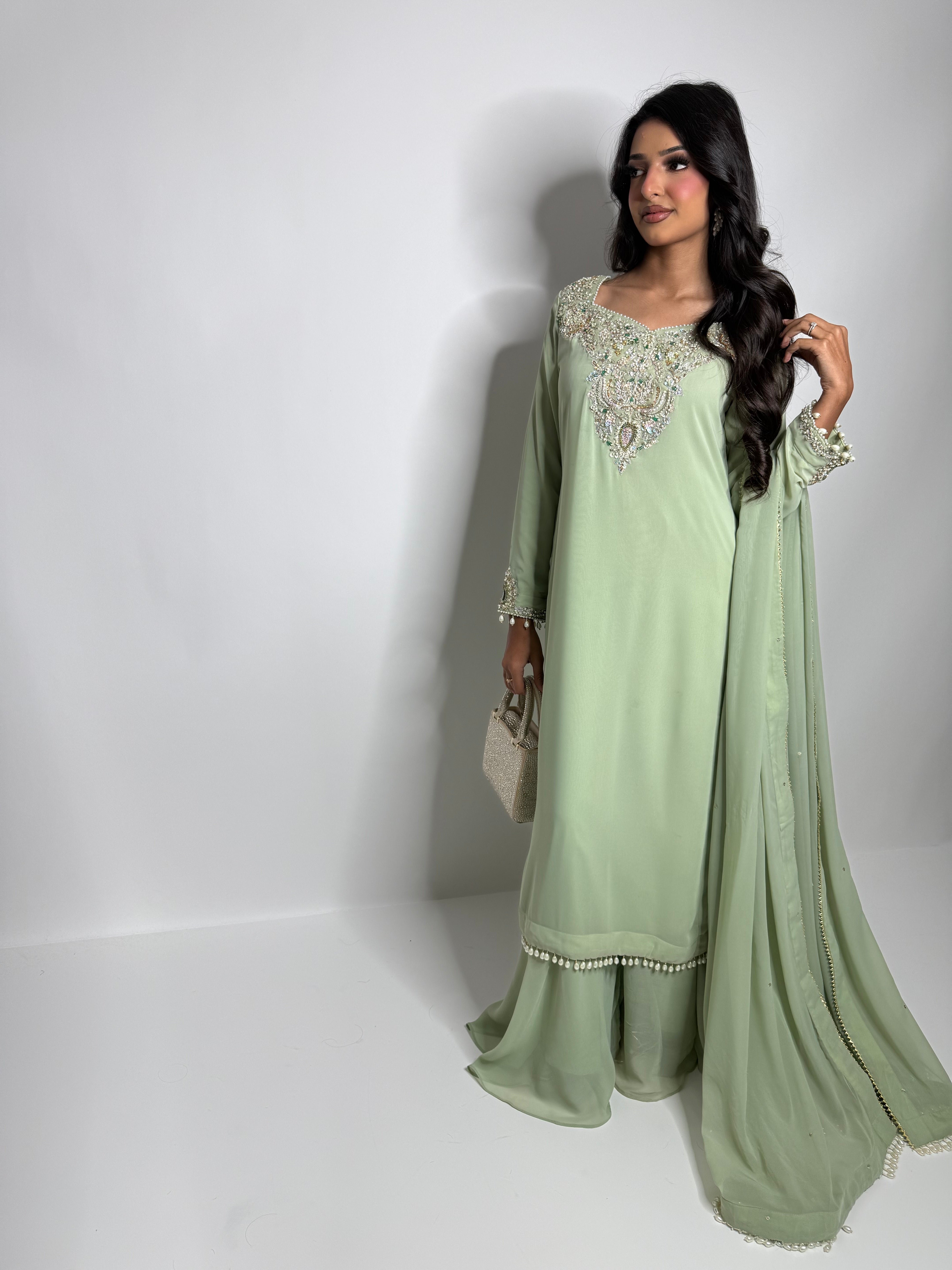 Zelene Sage georgette sharara outfit with handwork