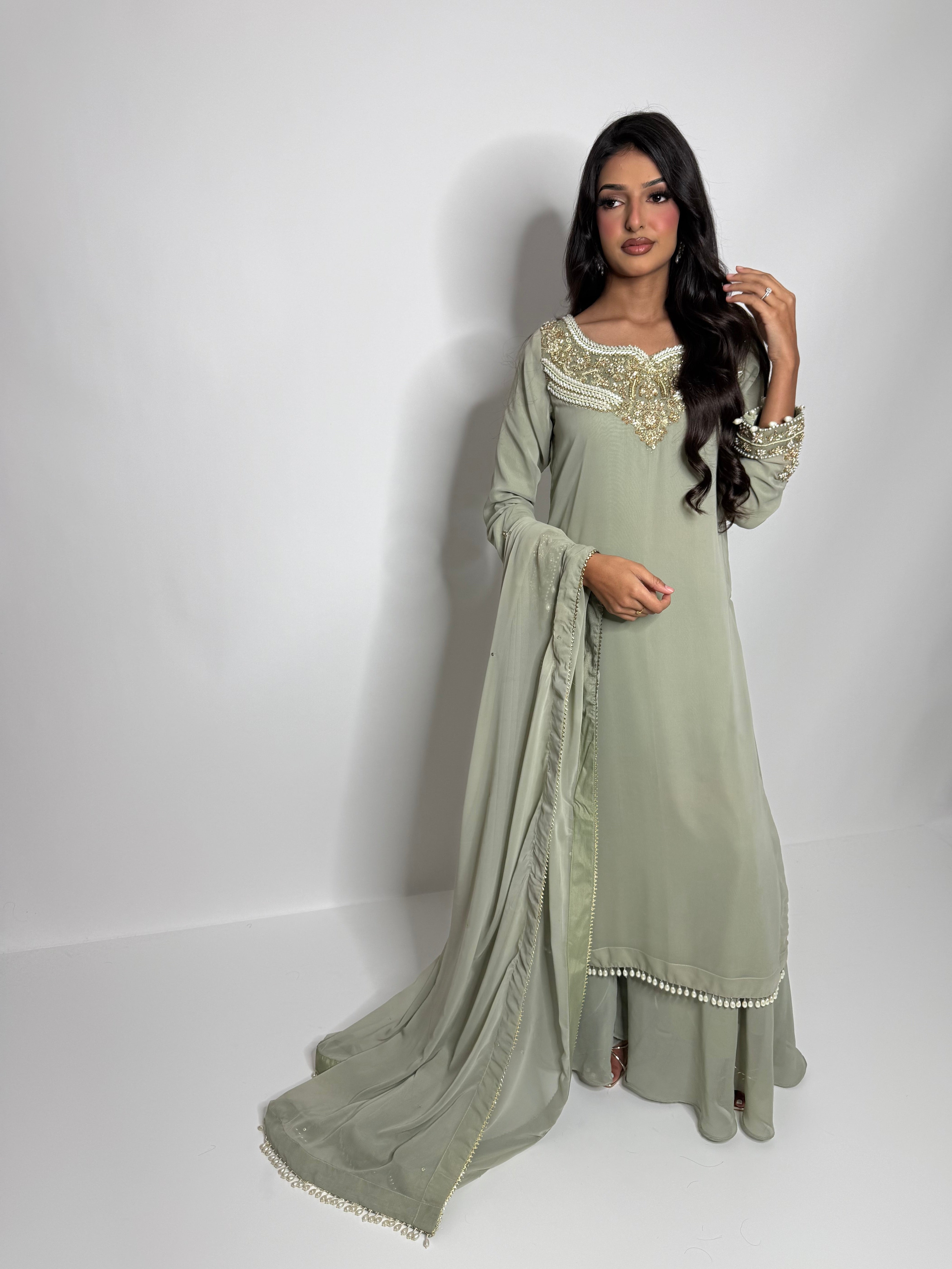 Rihana Sage georgette sharara outfit with adda work