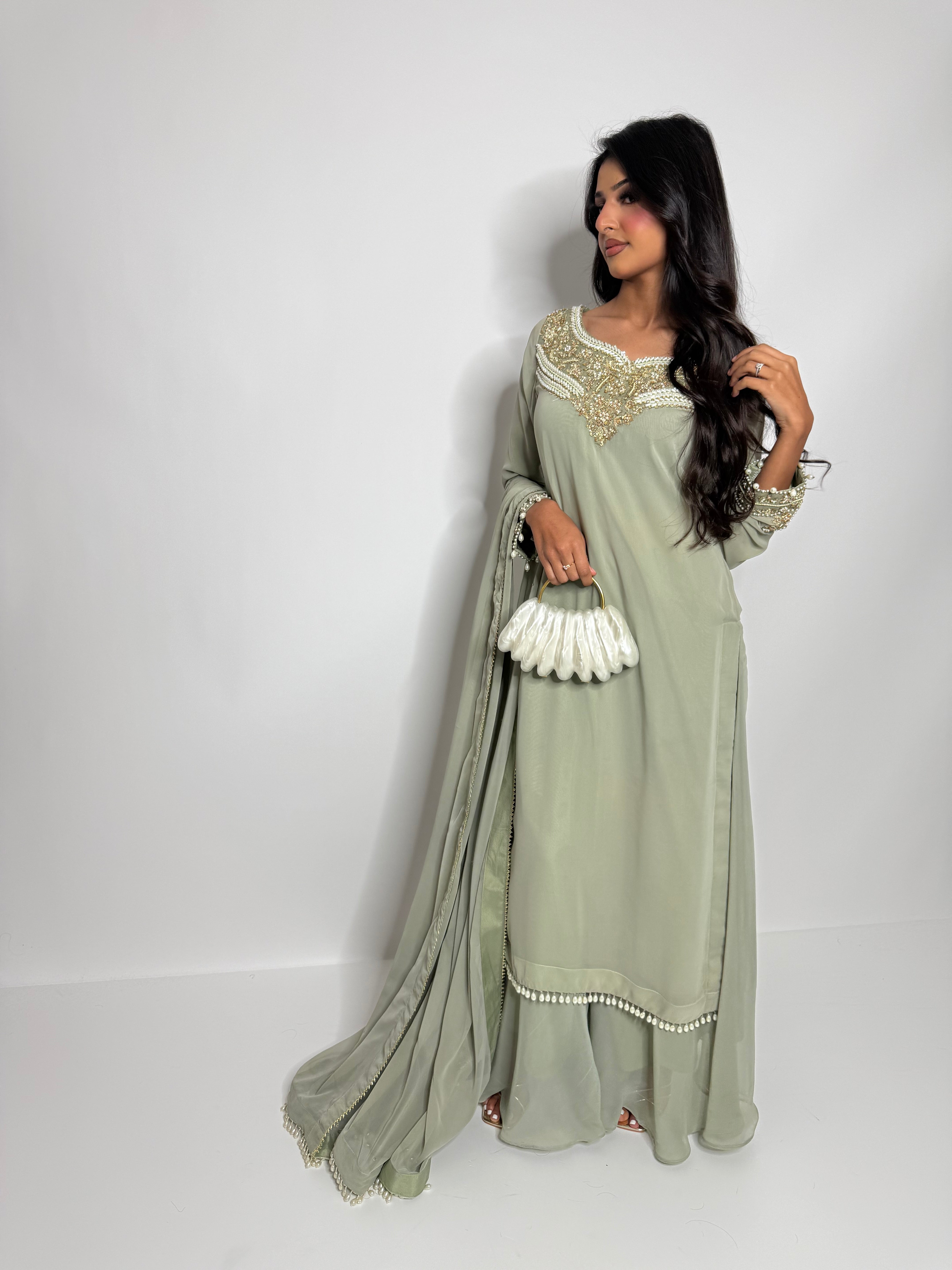 Sage green modest Pakistani outfit ready to wear