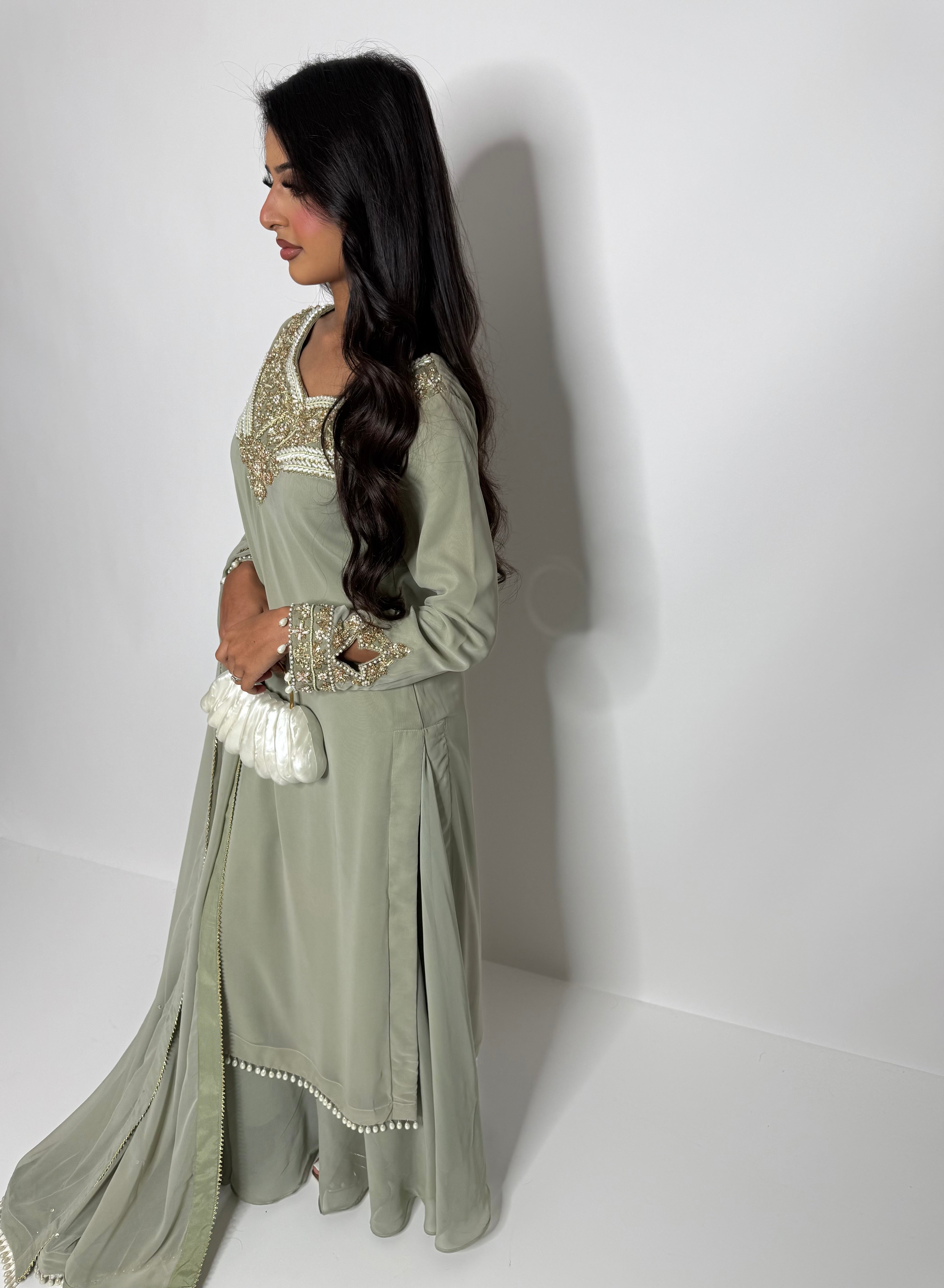 Sage Pakistani outfit with chiffon dupatta