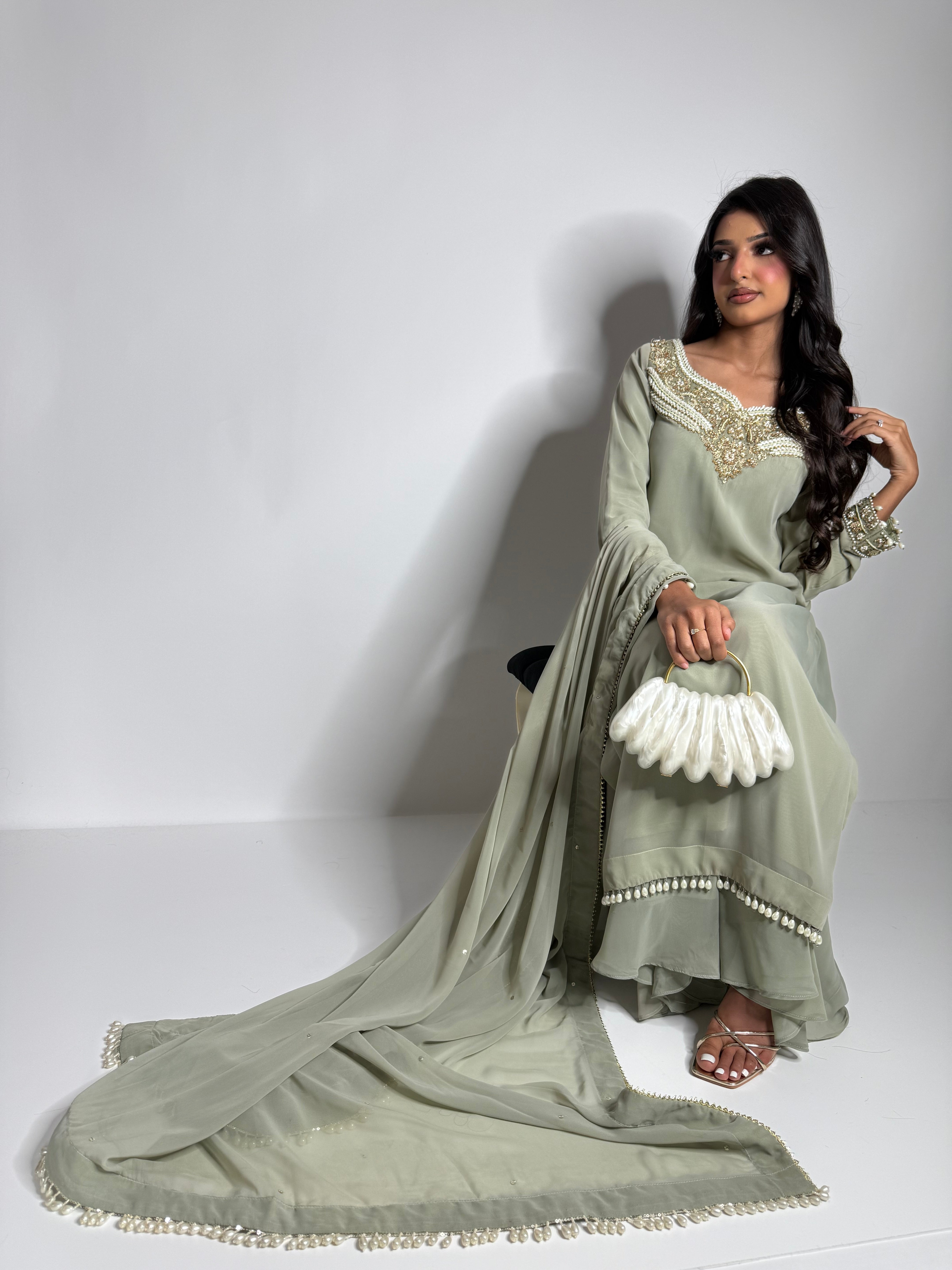 Pearl detailed sage green sharara suit