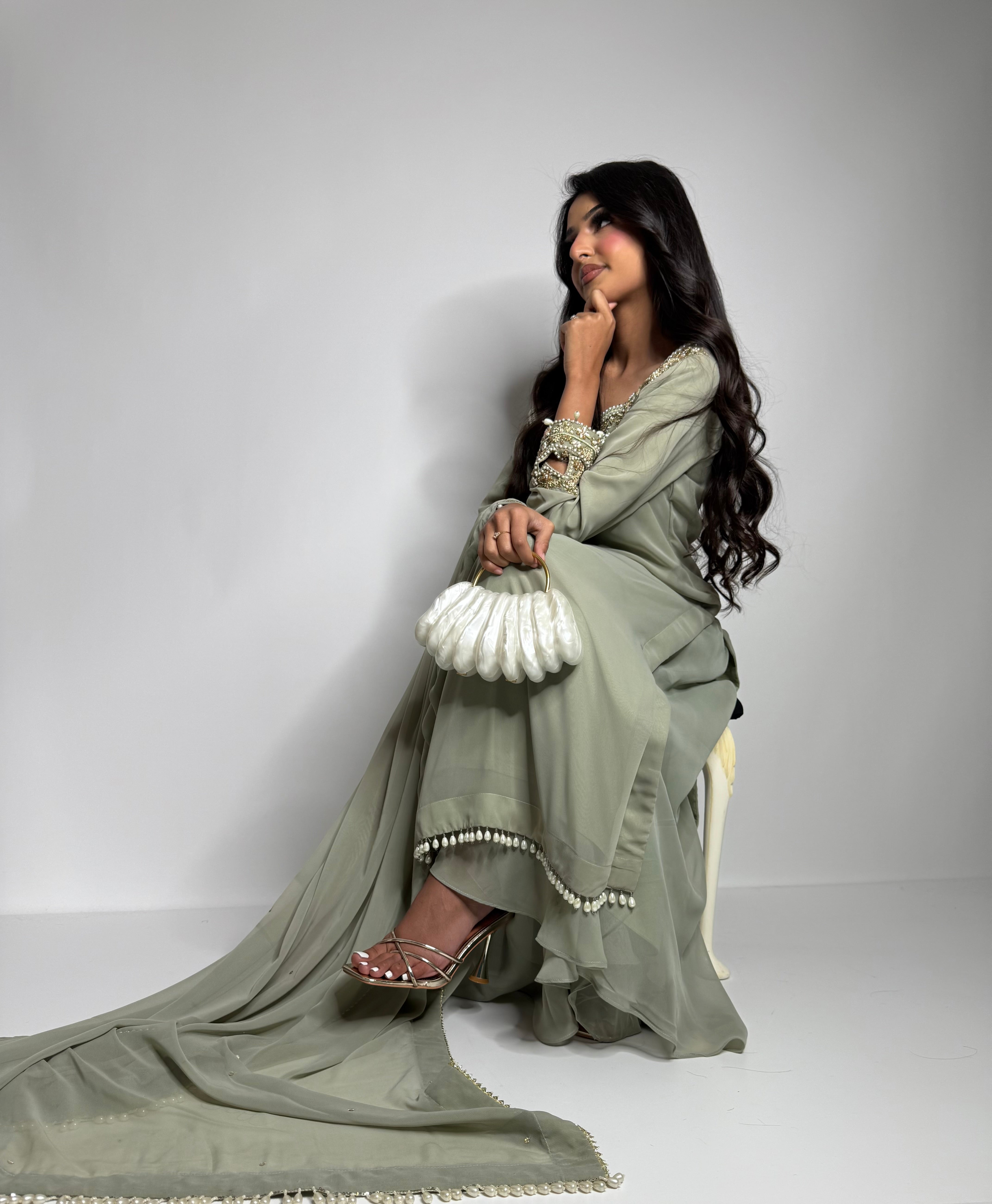 Wedding guest outfit in sage green georgette