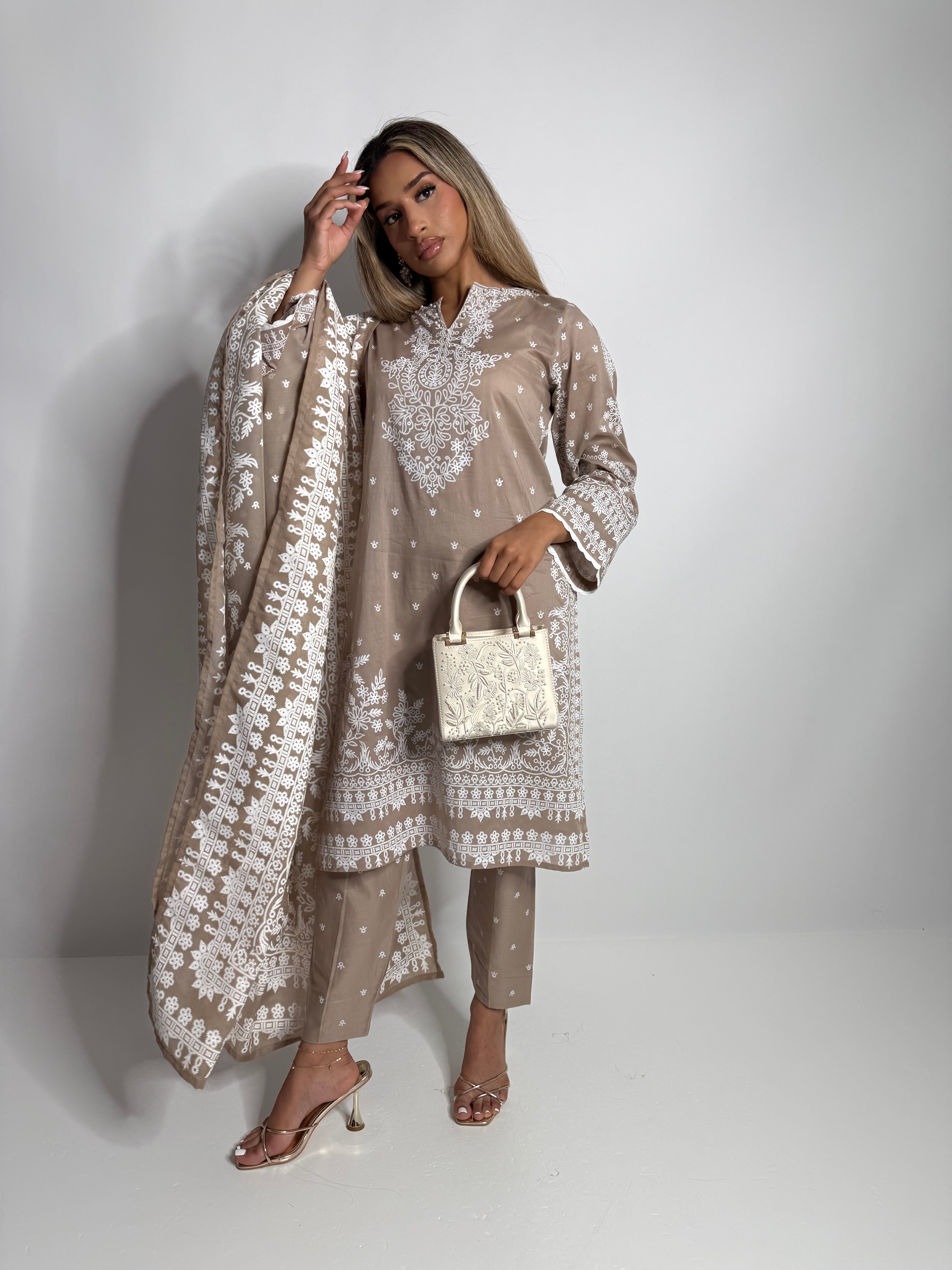 Limelight taupe lawn three-piece outfit