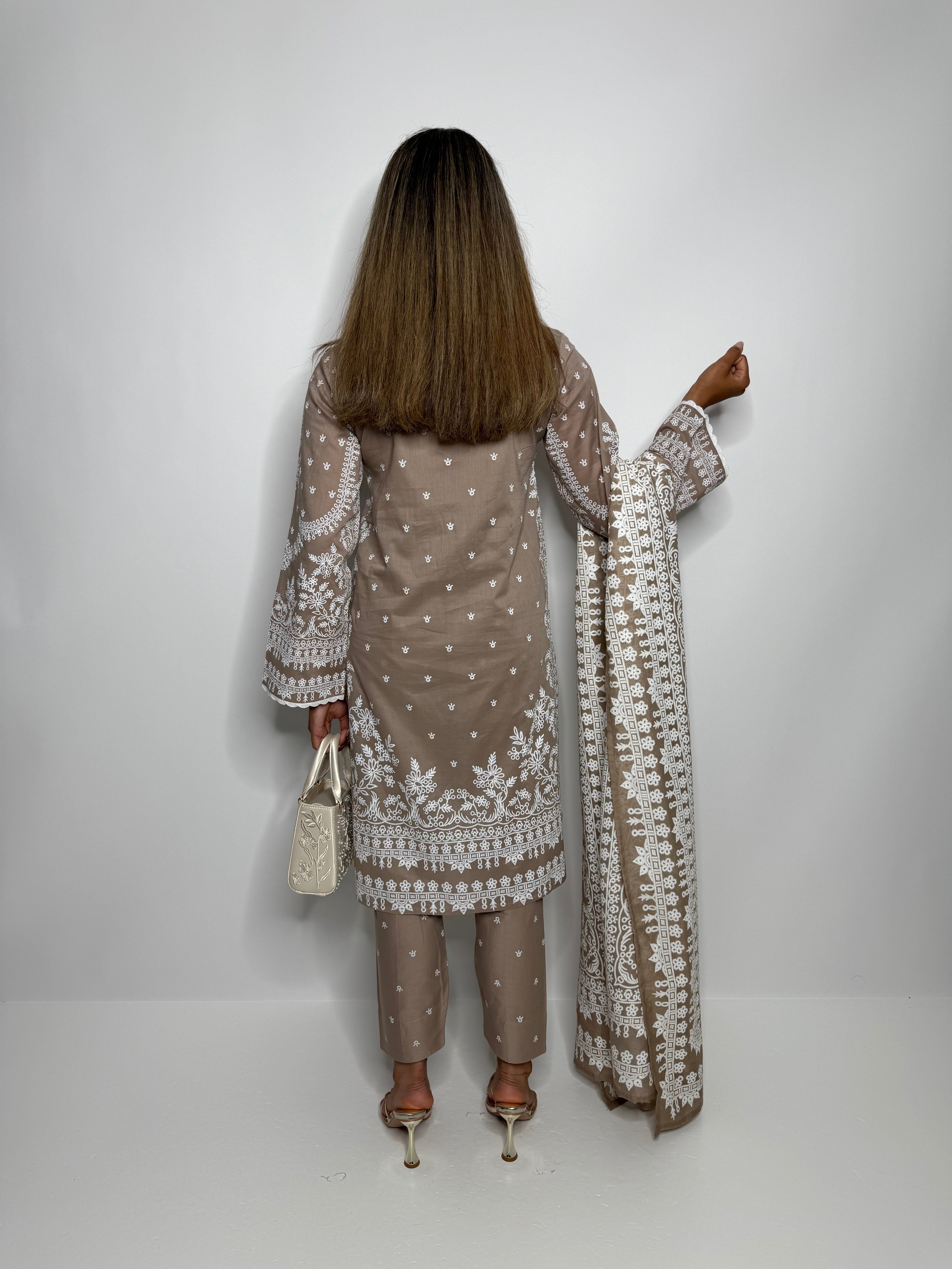 Modest Pakistani lawn suit in taupe