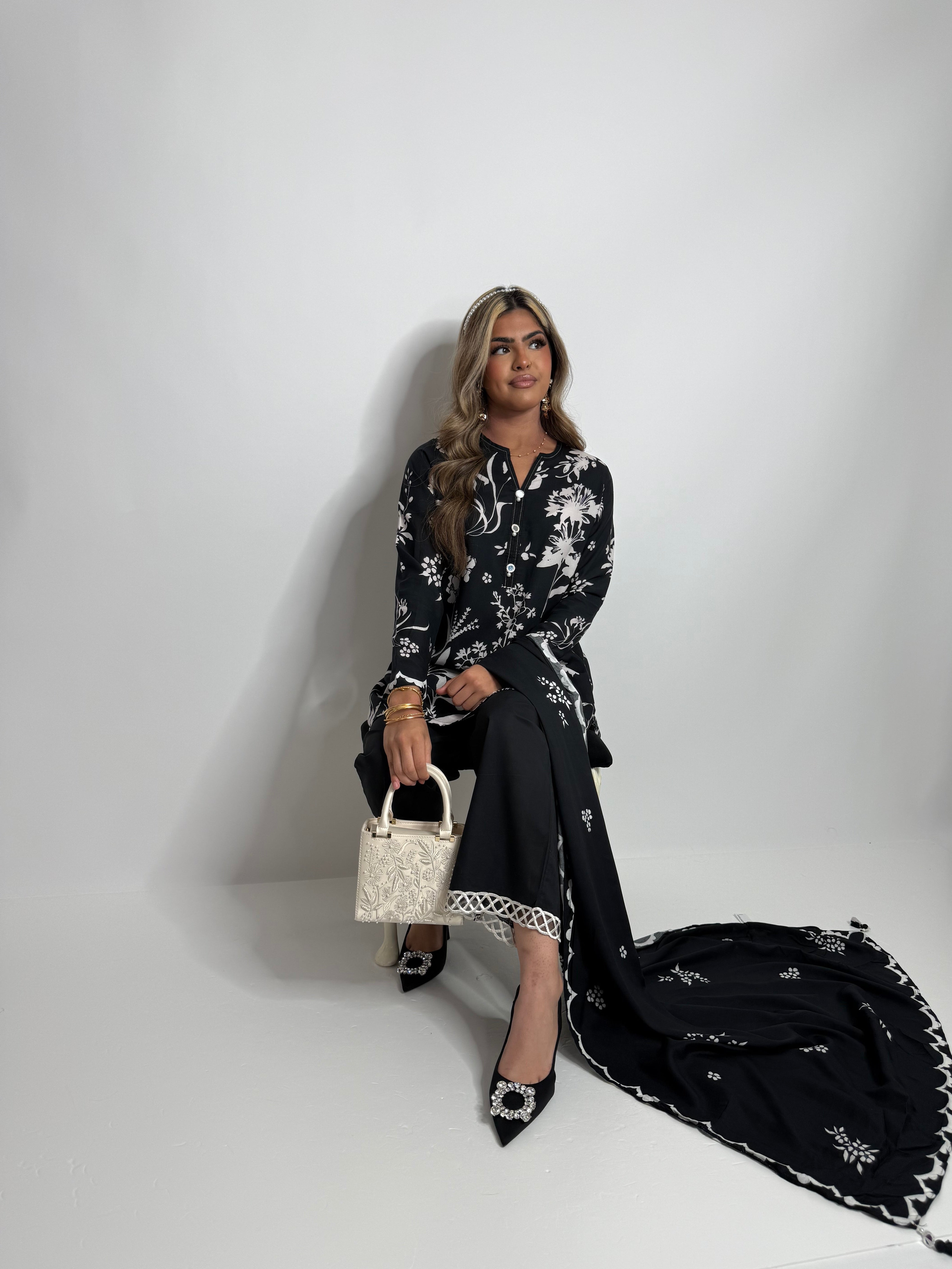 Sana Safinaz monochrome cotton three piece suit with printed kameez and dupatta