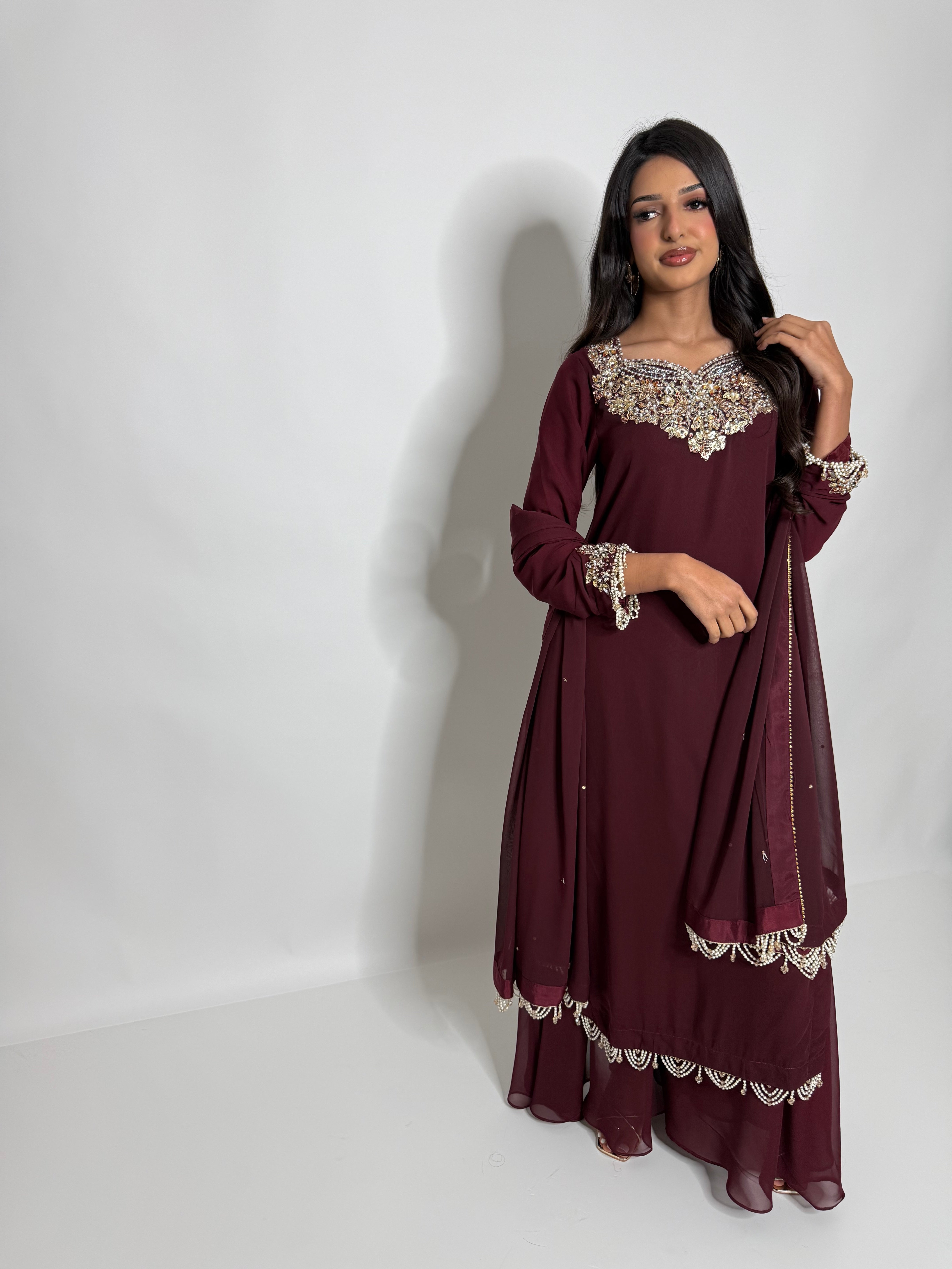 Zarelle Rouge | Luxury Maroon Georgette Embroidered Sharara Suit (3 Piece)