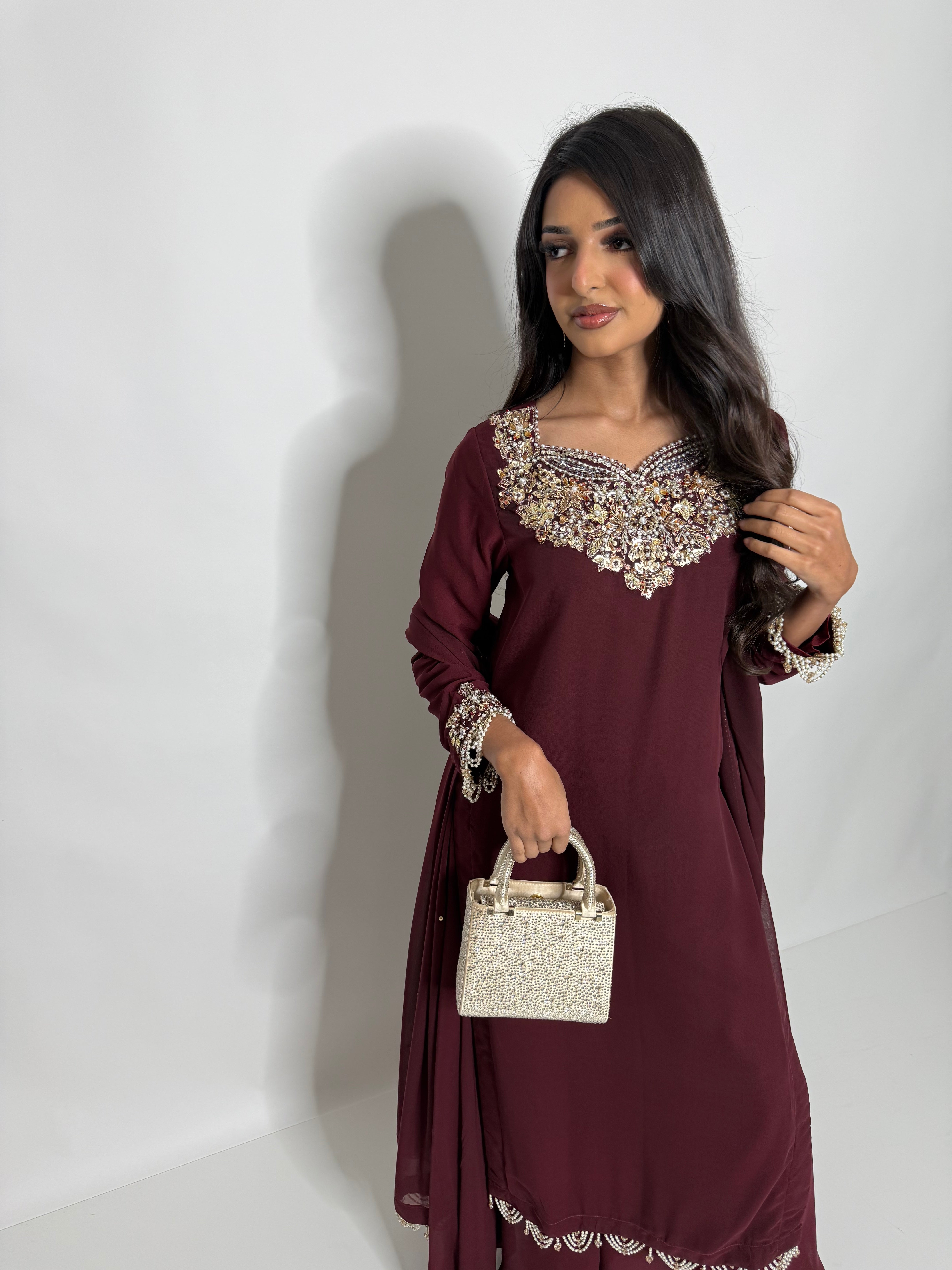 Zarelle Rouge | Luxury Maroon Georgette Embroidered Sharara Suit (3 Piece)
