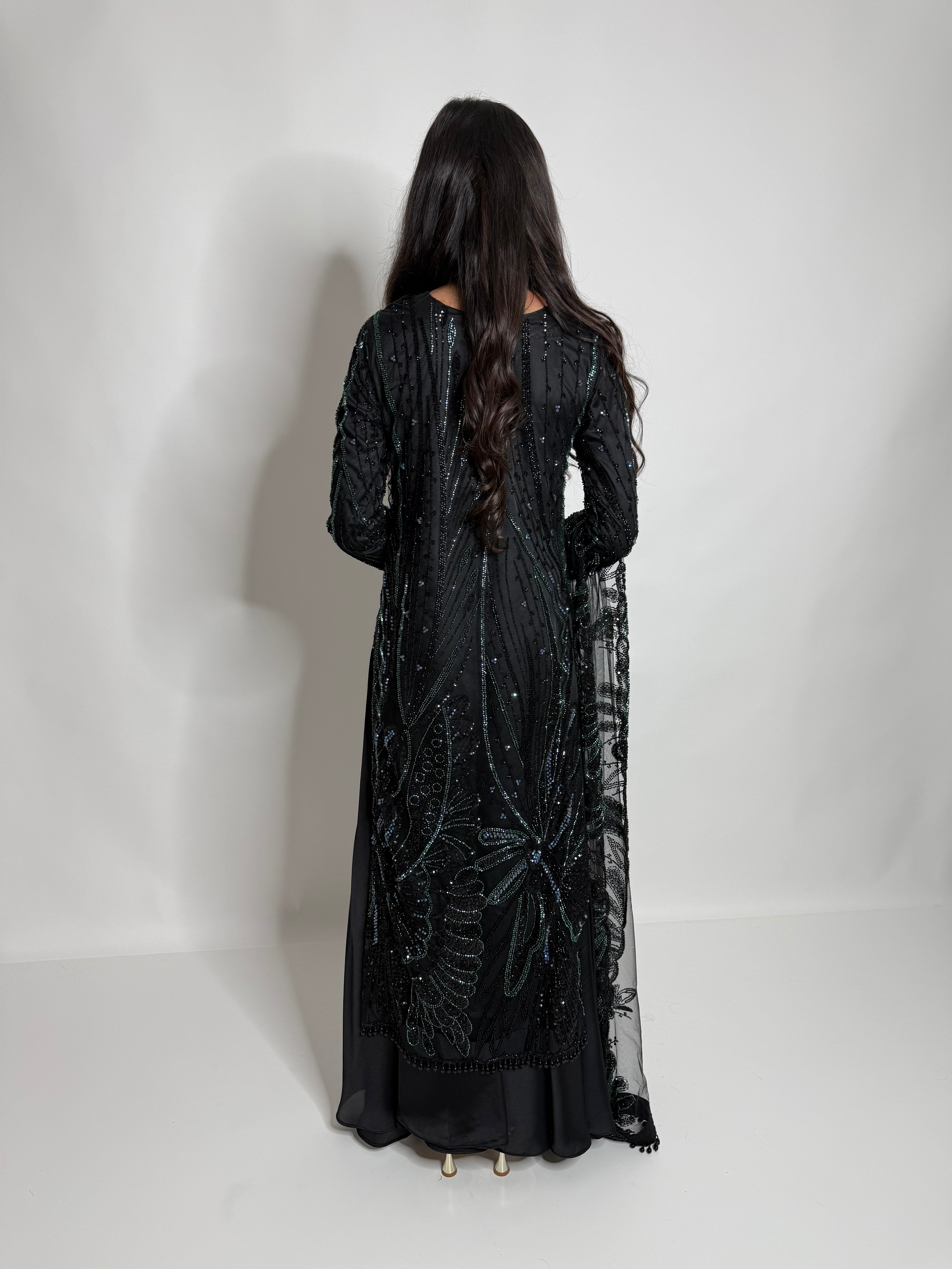 Zarelle Noir Emerald | Luxury Black Cutdana Sharara Suit (3 Piece)