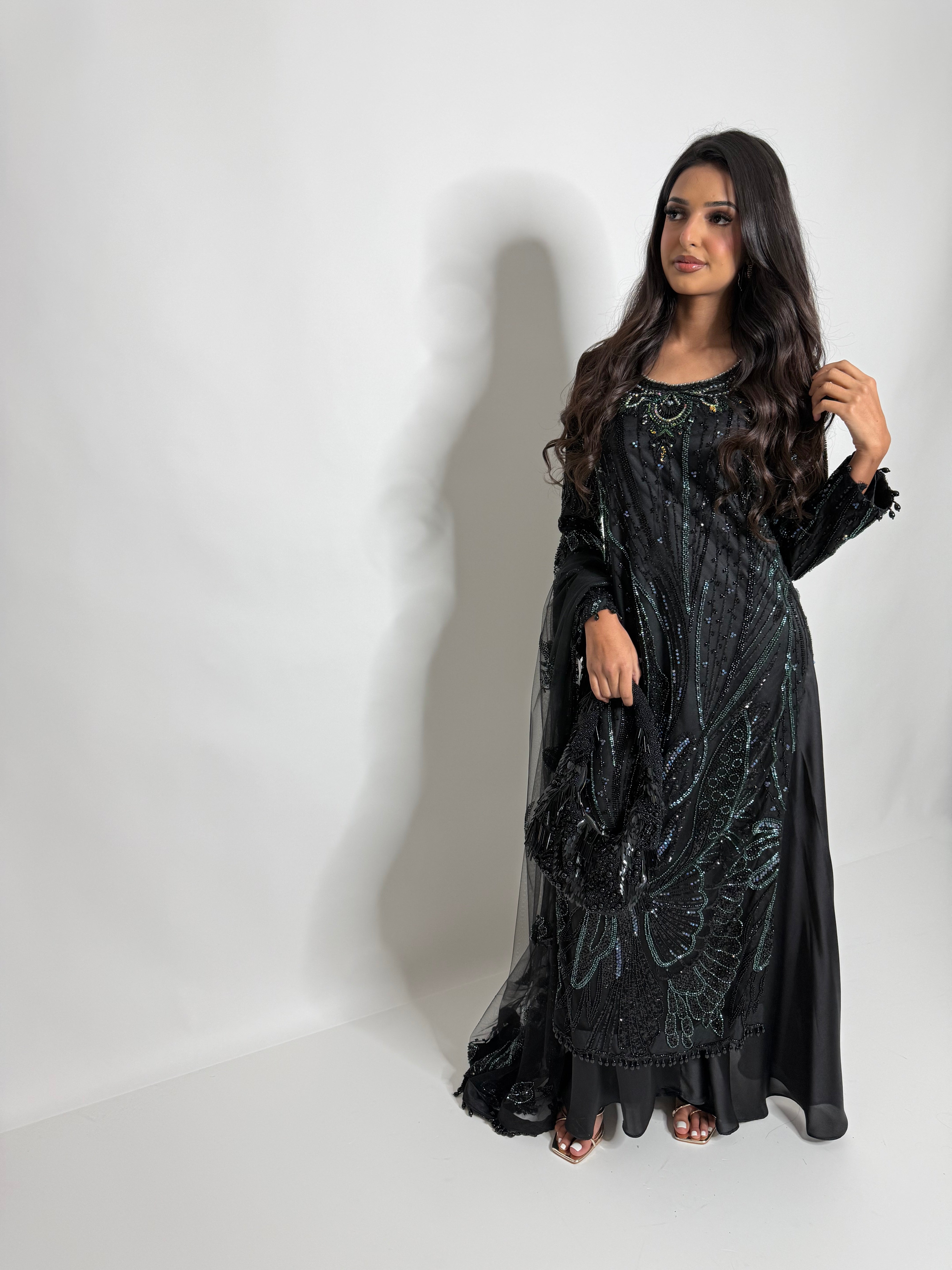 Zarelle Noir Emerald | Luxury Black Cutdana Sharara Suit (3 Piece)