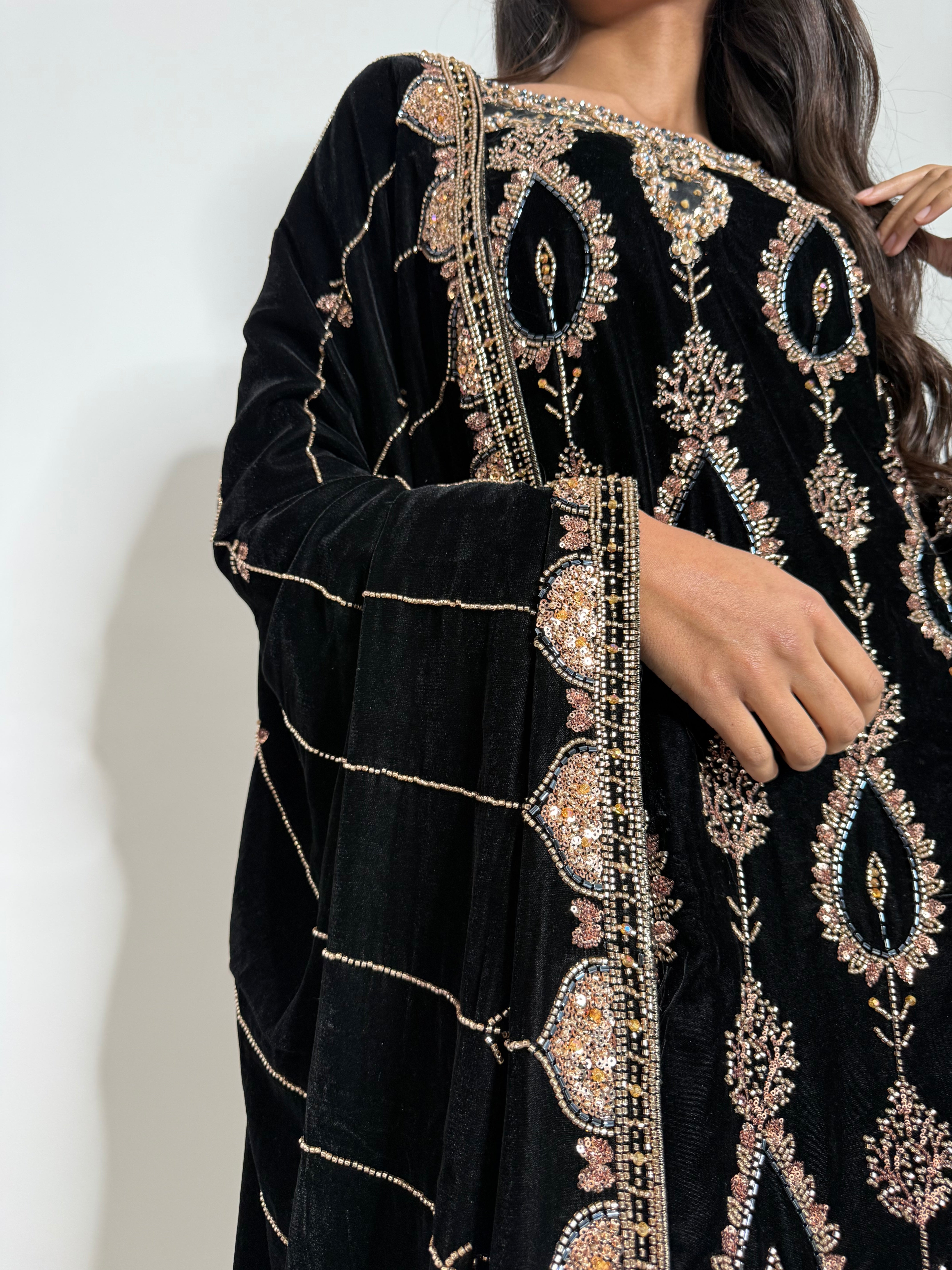 Noiré Gold | Luxury Black Velvet Cutdana Embroidered Pakistani Suit (3 Piece)