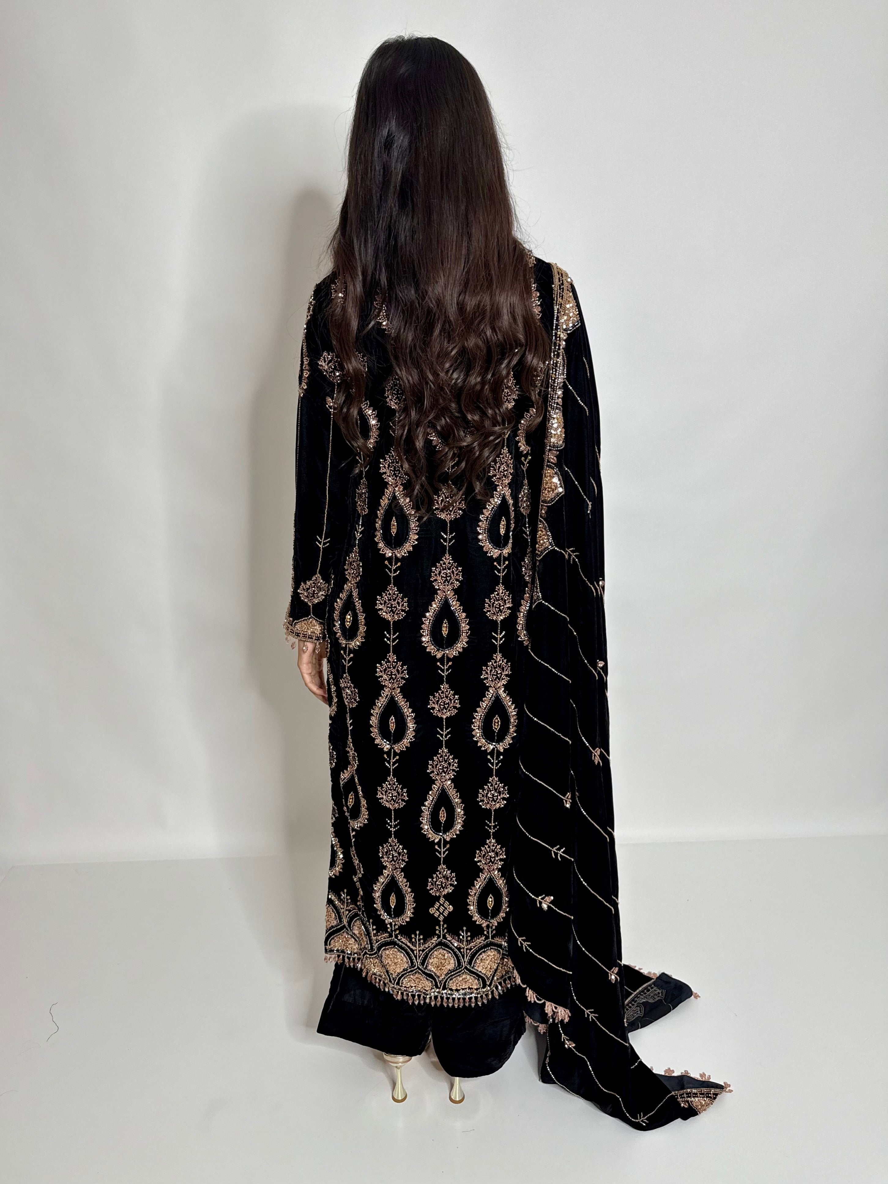 Noiré Gold | Luxury Black Velvet Cutdana Embroidered Pakistani Suit (3 Piece)