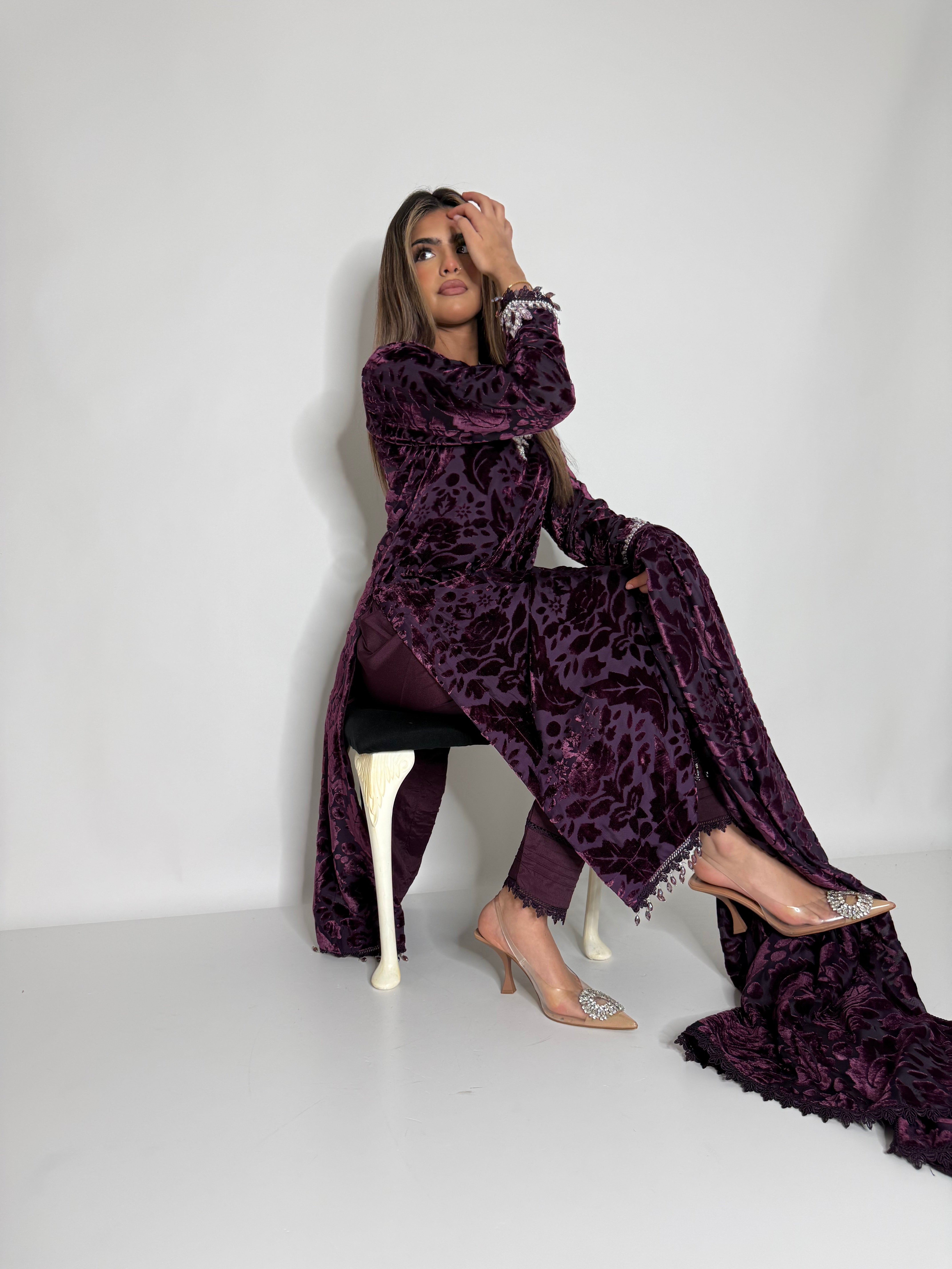 Mulberry statement neckline, Handcrafted pearl embellishment, Detailed cuff finishing, Shawl lace edging close up, Formal wear full length view