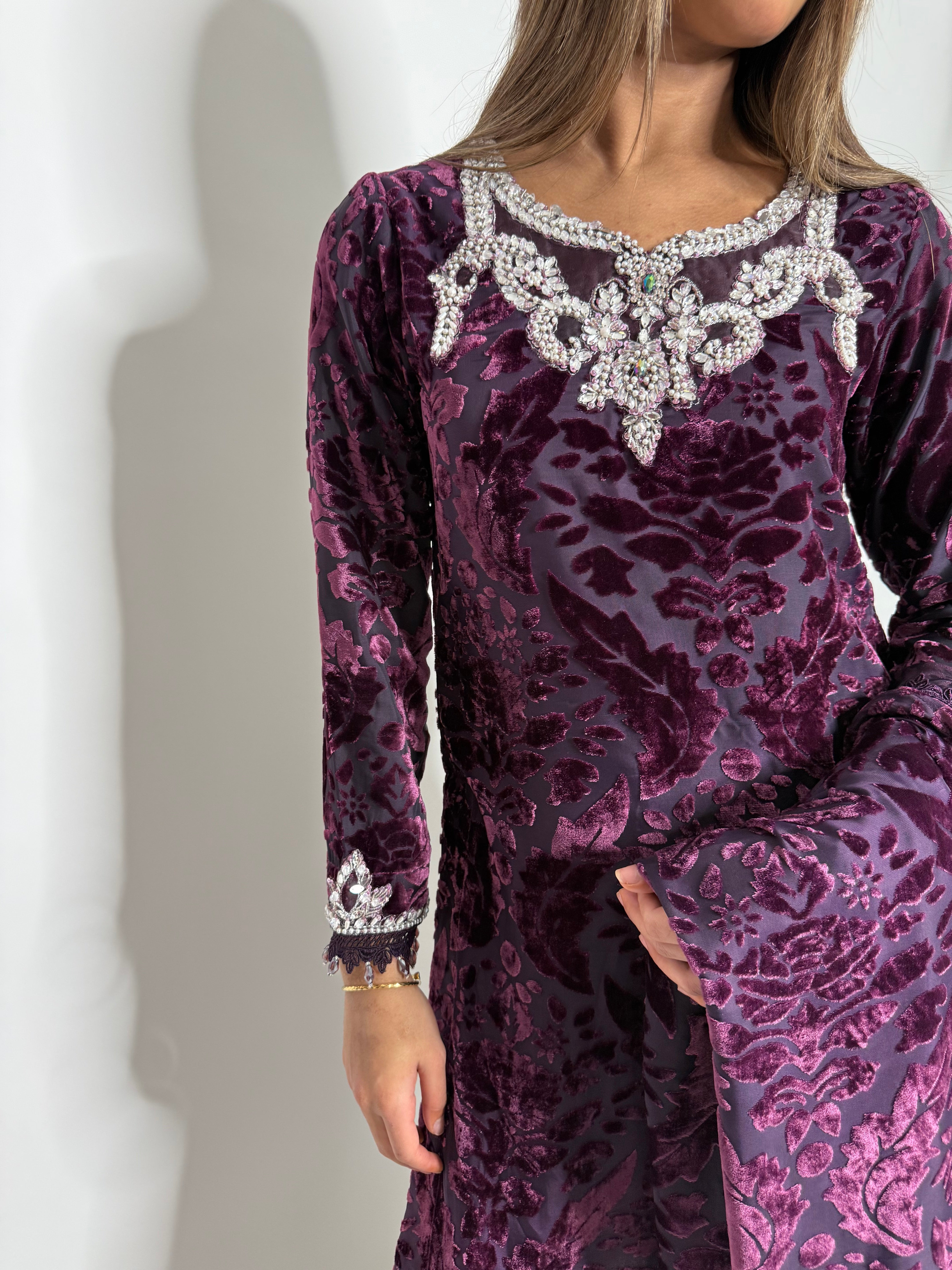 Deep plum formal outfit, Pearl neckline craftsmanship, Cuff pearl embellishment, Fine lace dupatta border, Luxury modest wear portrait