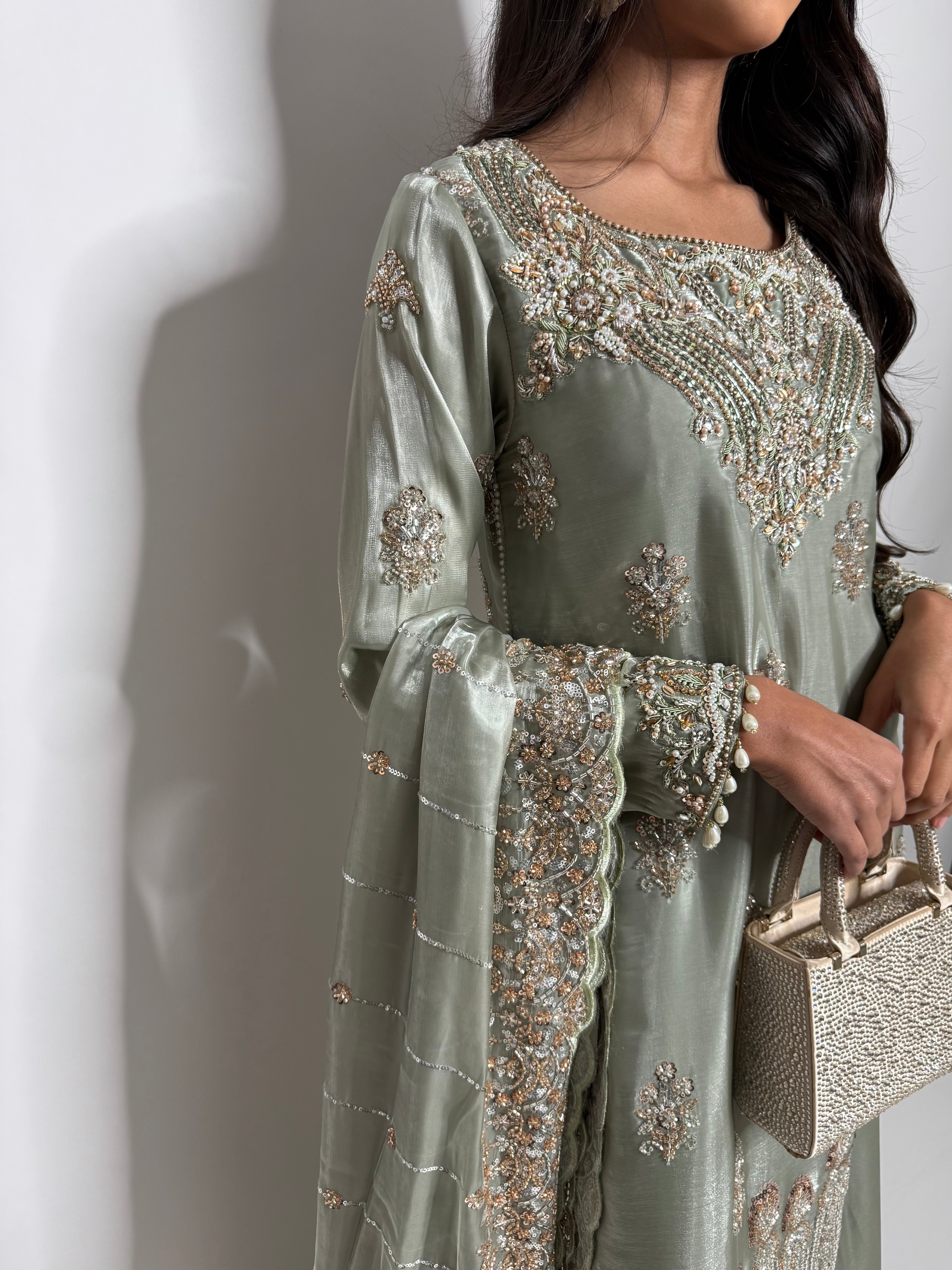 Silk embroidered Pakistani Eid outfit in soft sage green