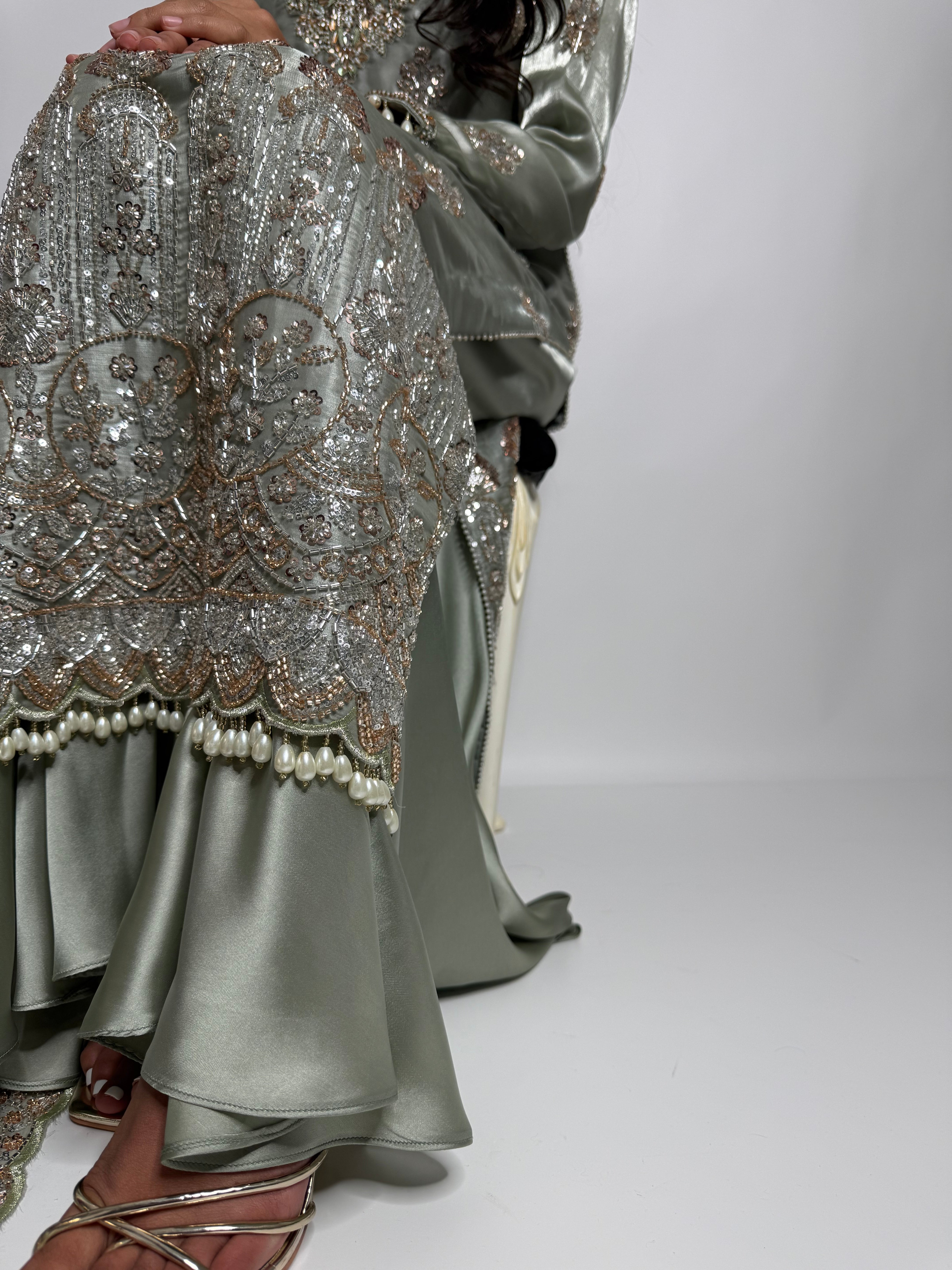 Modest luxury Pakistani wedding outfit in sage green