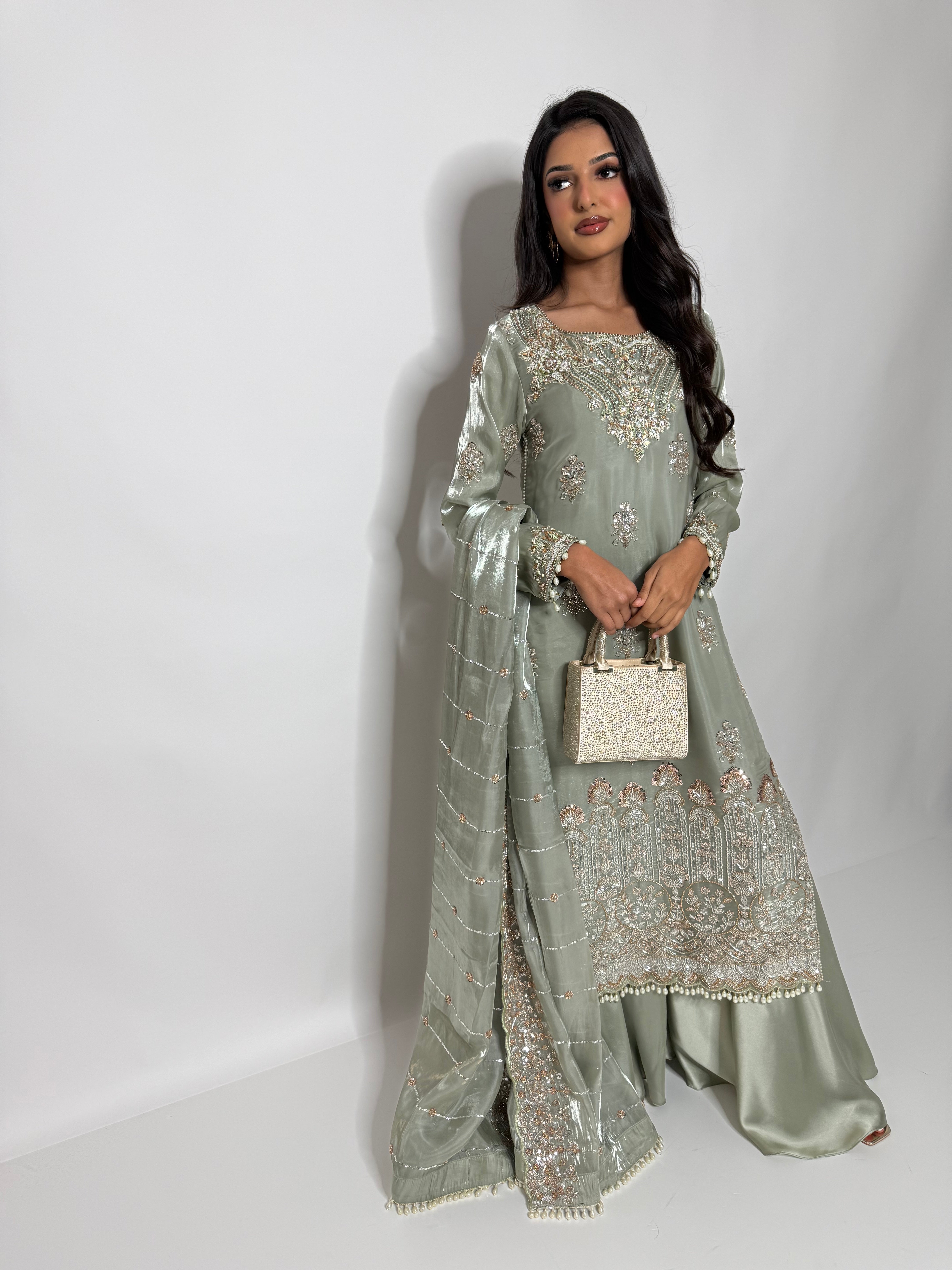 Three piece sage green silk suit for Eid celebrations