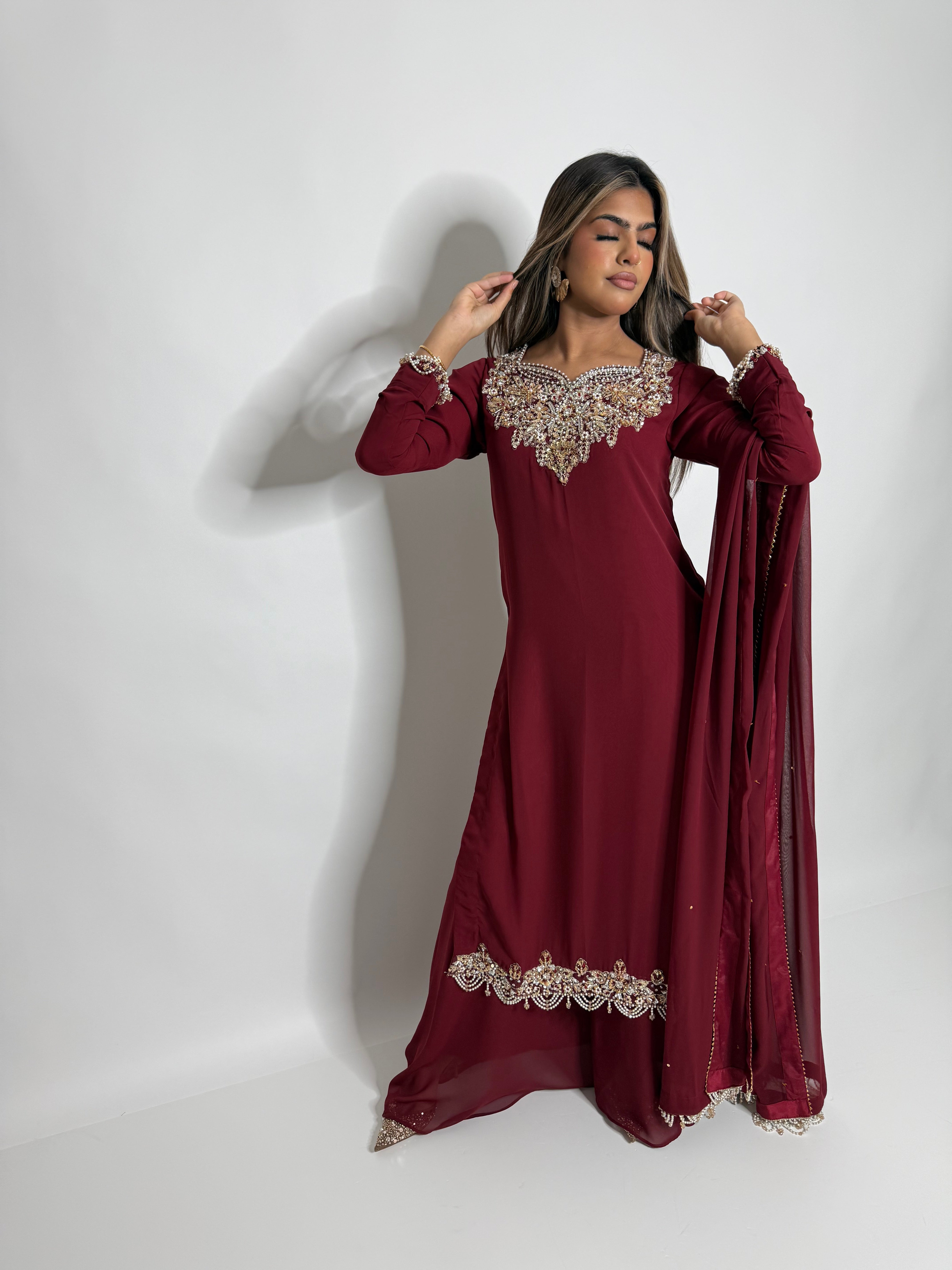 Ayla ruby pearl georgette three piece Eid formal front view