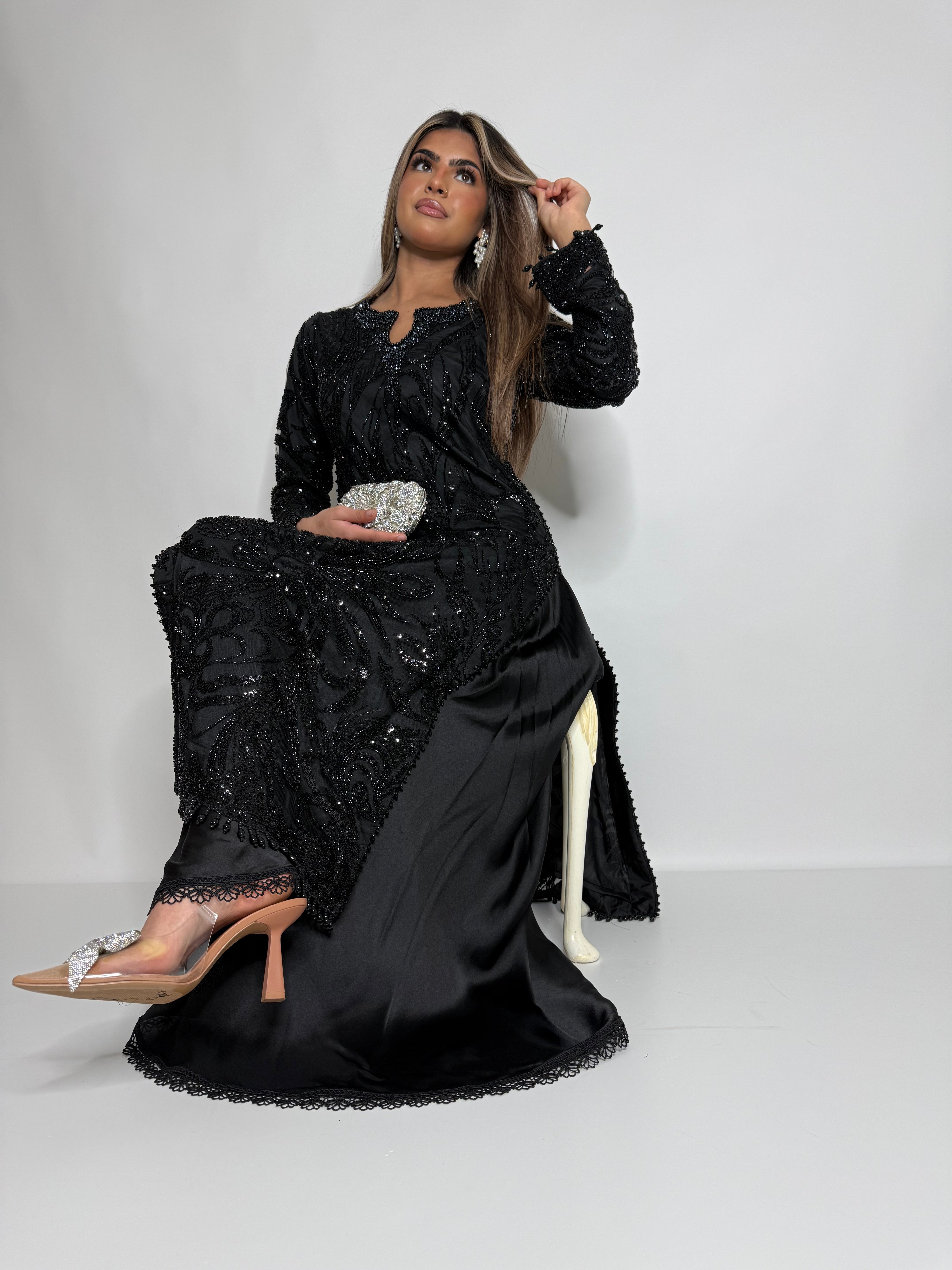 Fully embroidered cutdana back detail black kameez