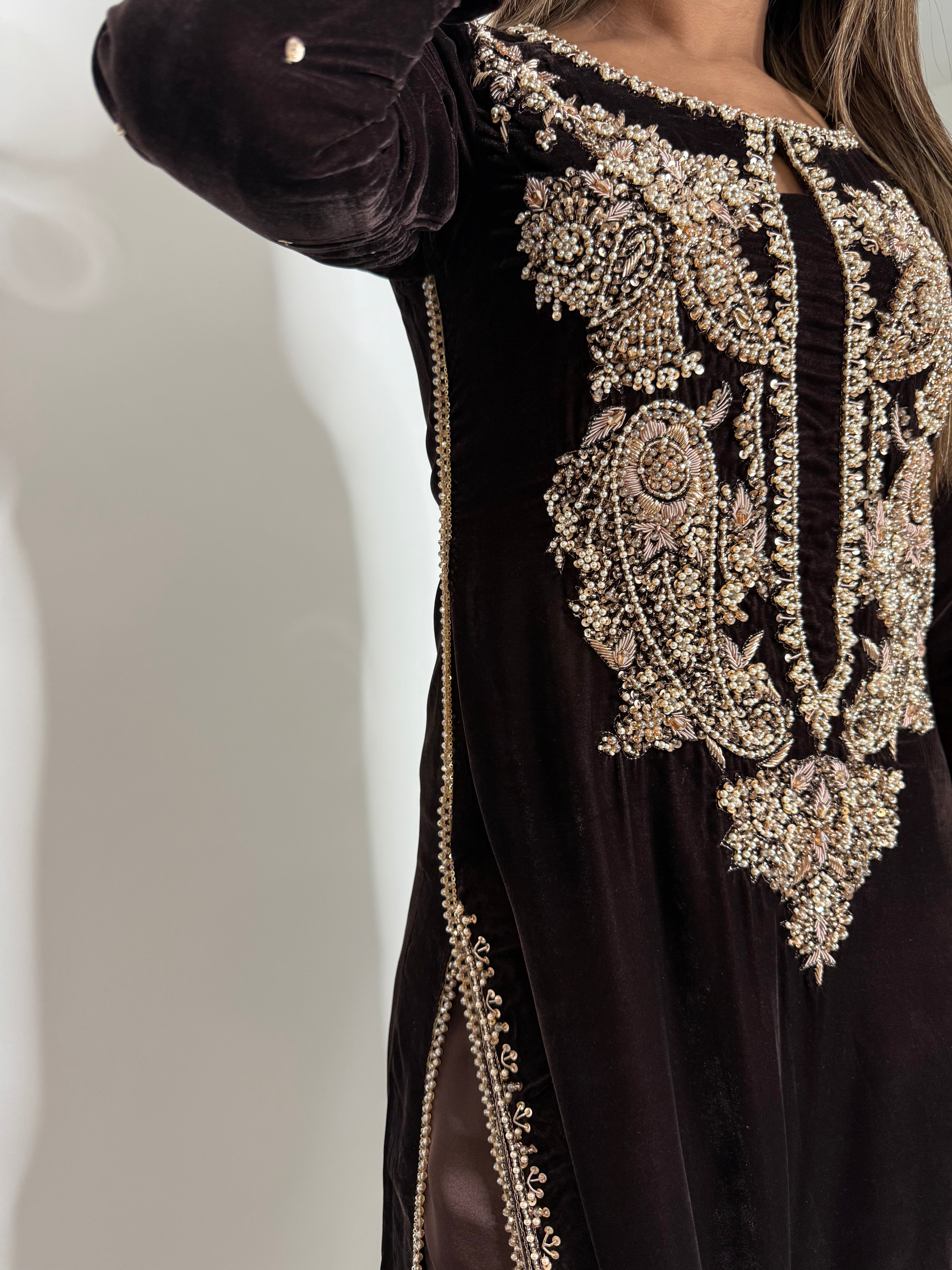 Luxury espresso micro velvet wedding guest outfit with silk trousers