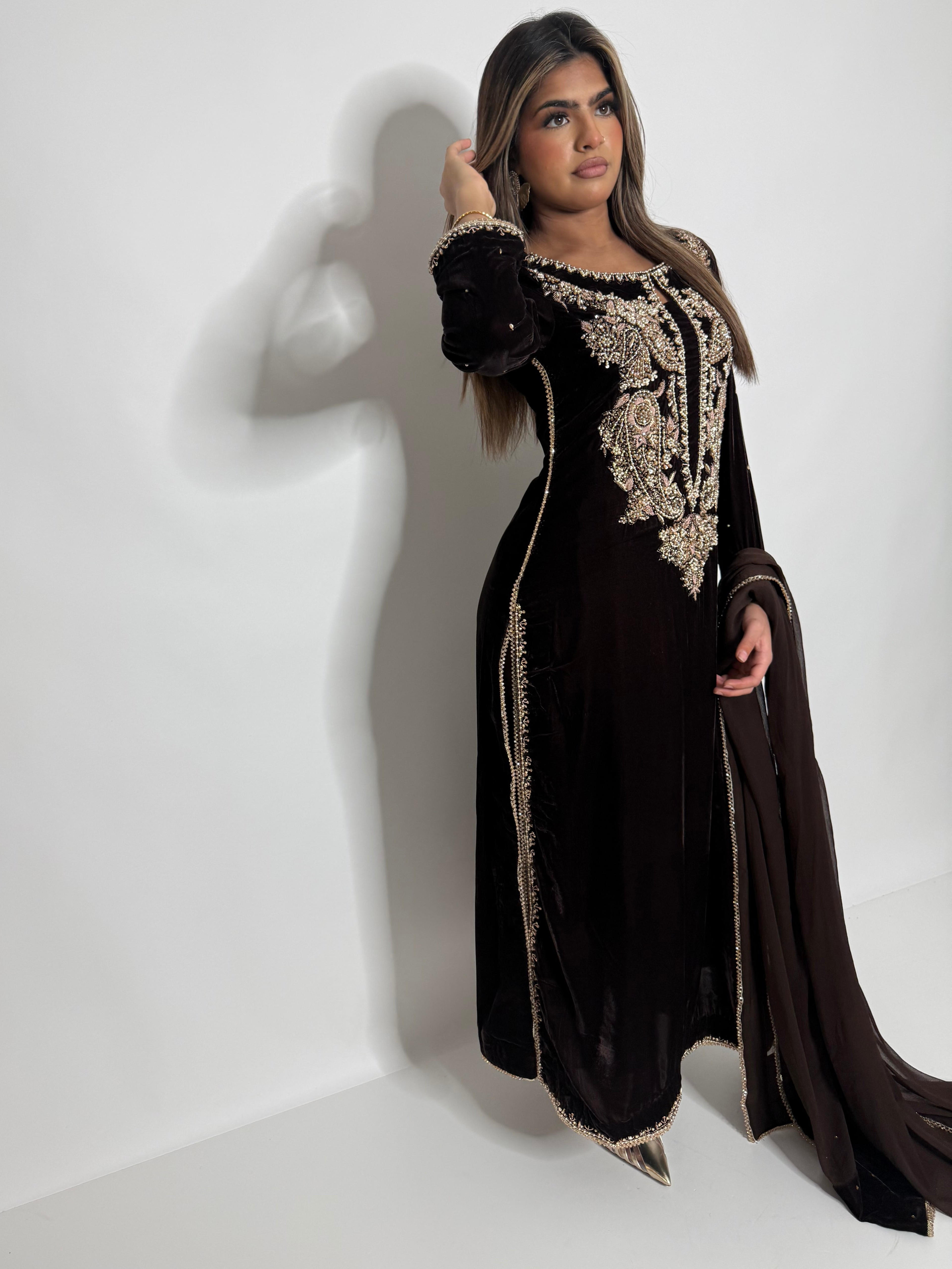 Espresso velvet Pakistani 3 piece suit with golden embroidery and chiffon dupatta