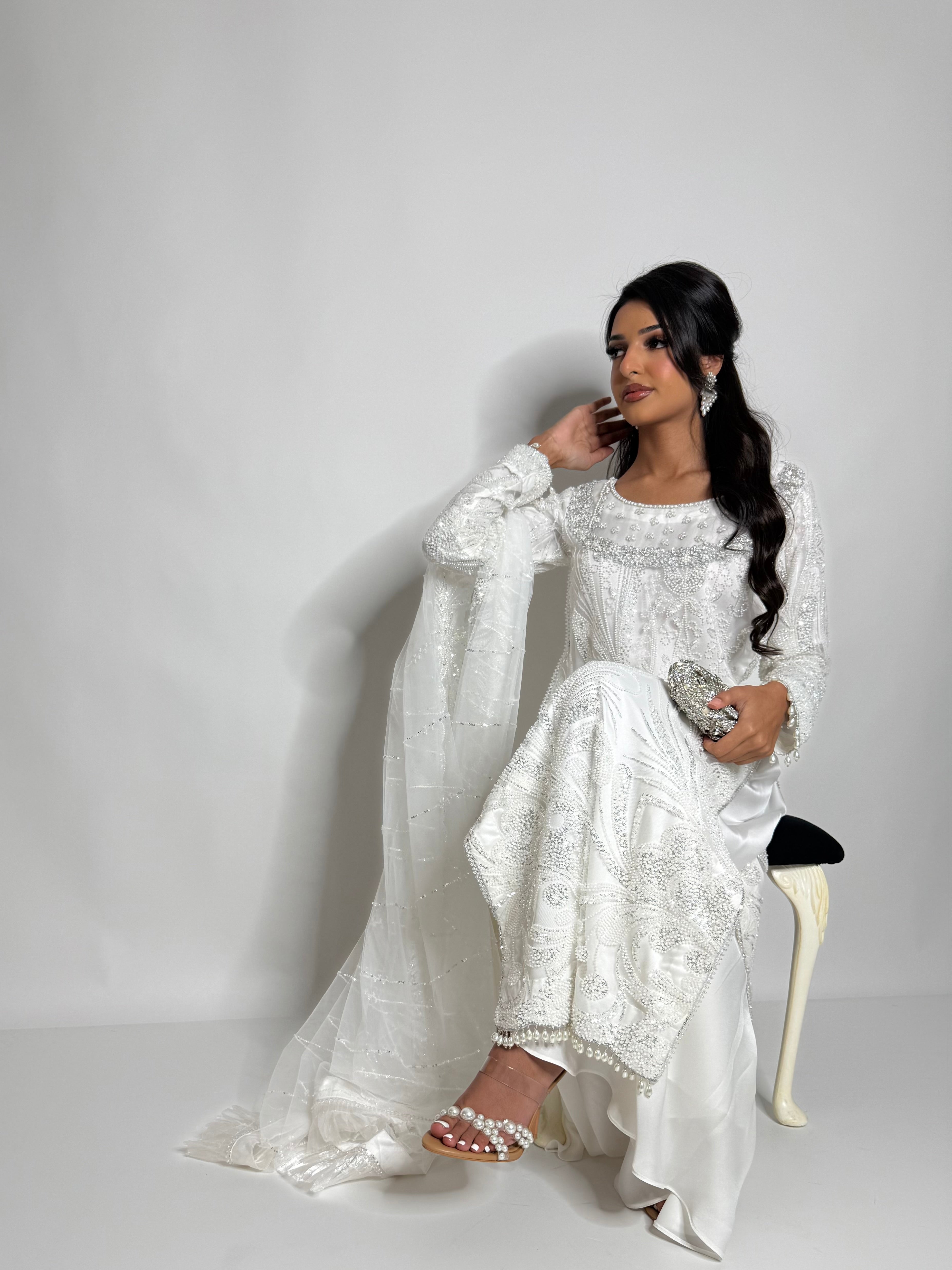 Lunévia White luxury white cutdana embroidered Pakistani sharara suit full front view