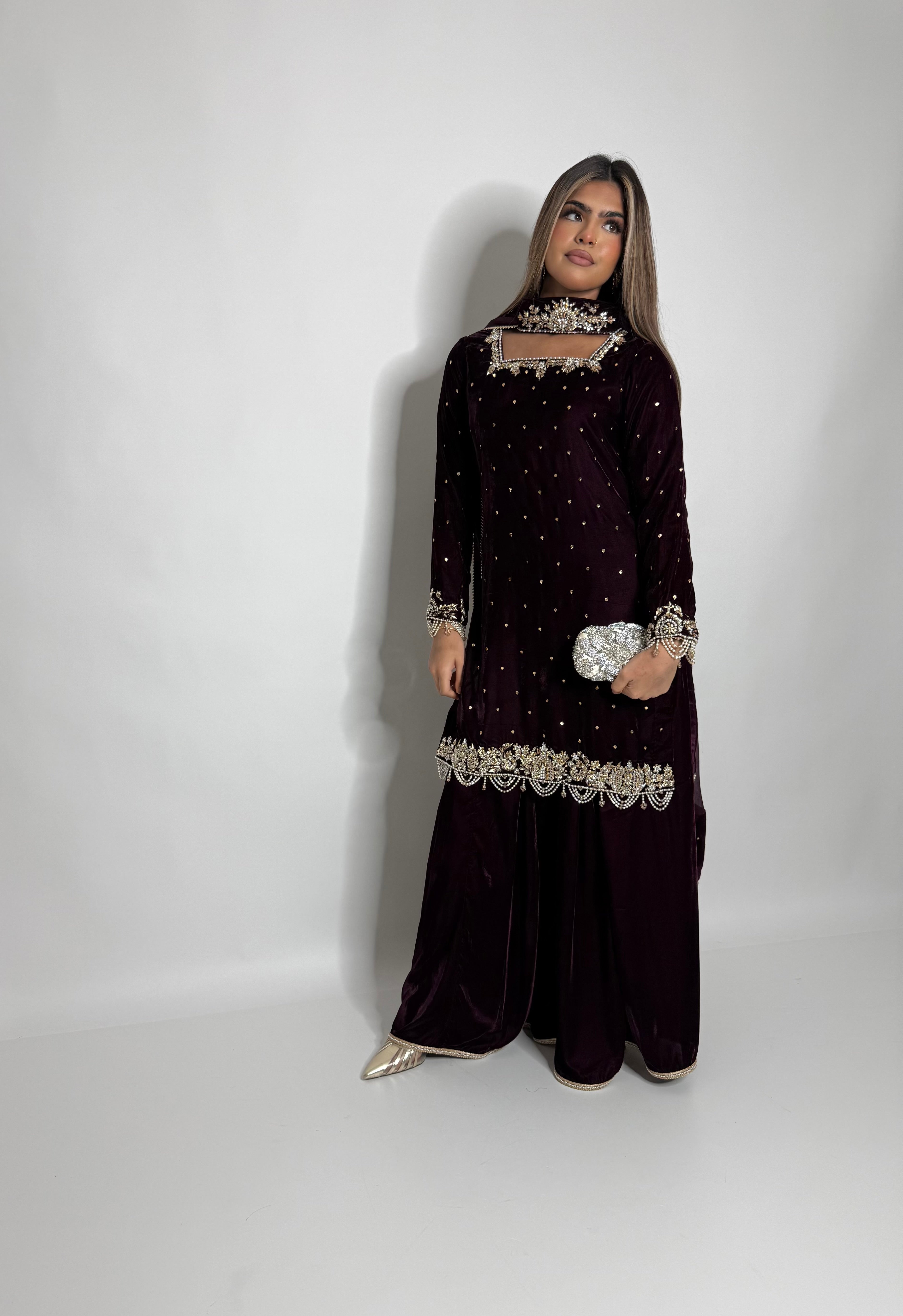 Gold embroidered sleeve cuff detail plum velvet shirt