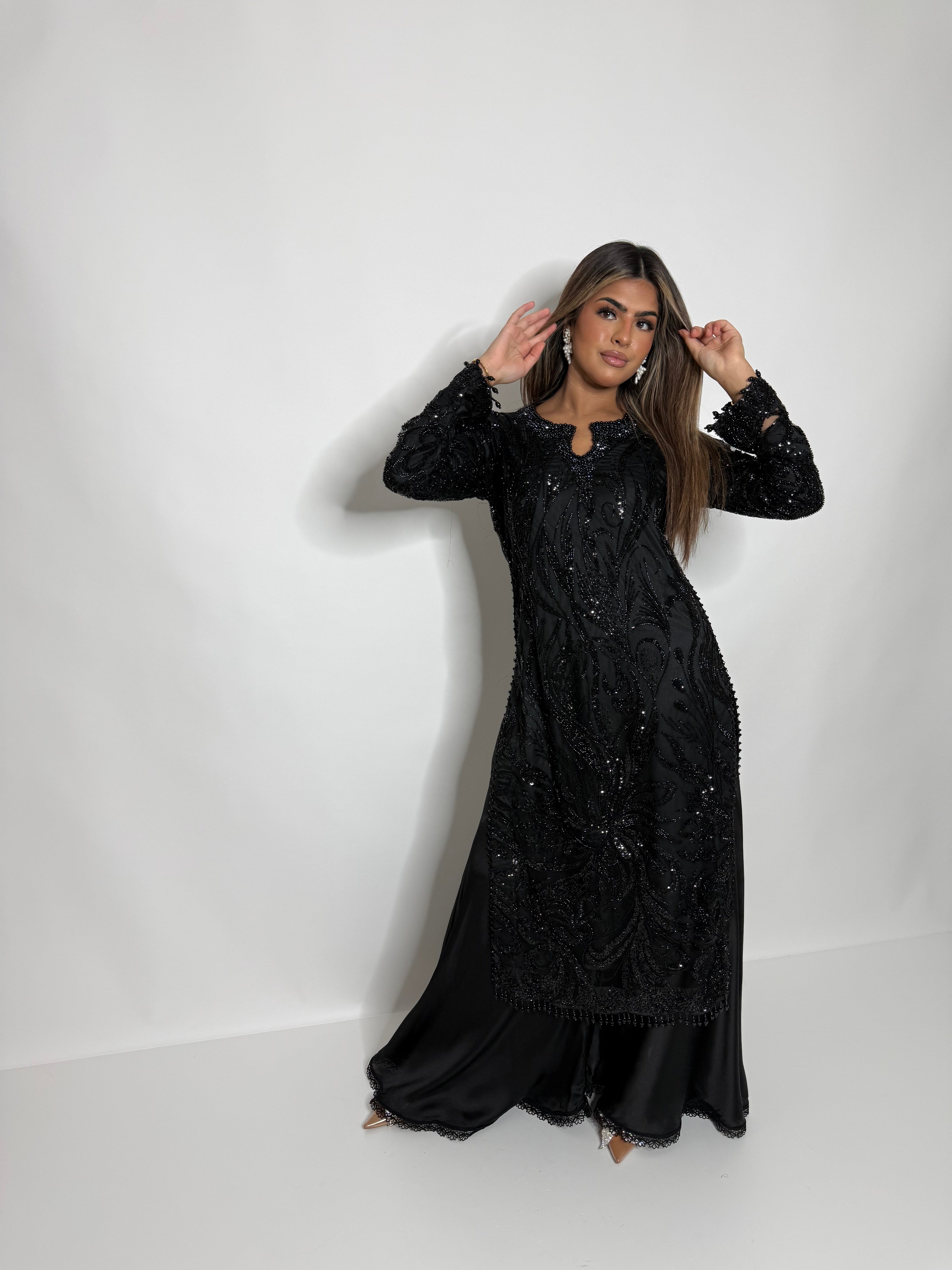 Black cutdana embroidered shirt with handworked neckline