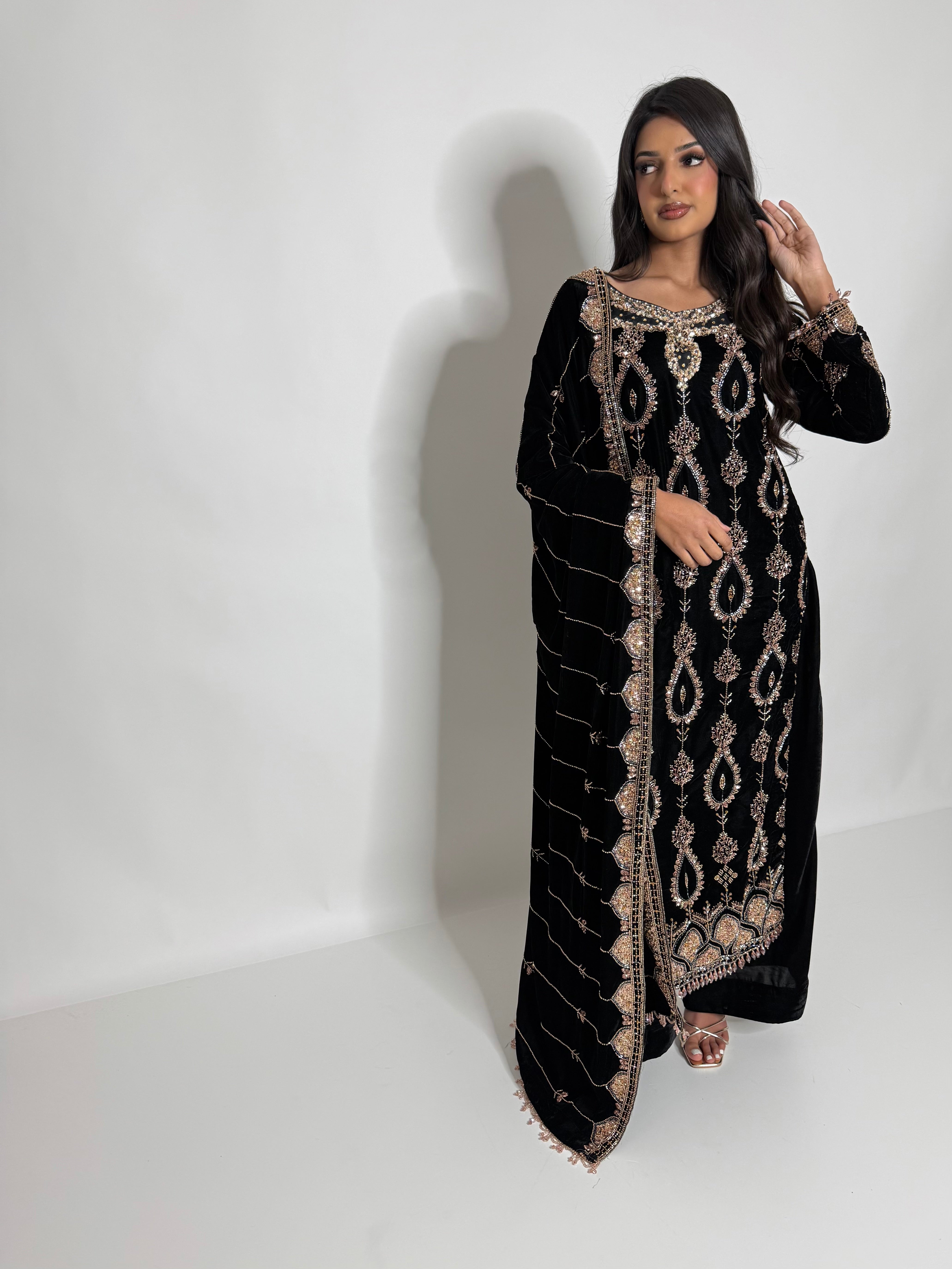 Embroidered velvet shawl with gold detailing and delicate edging