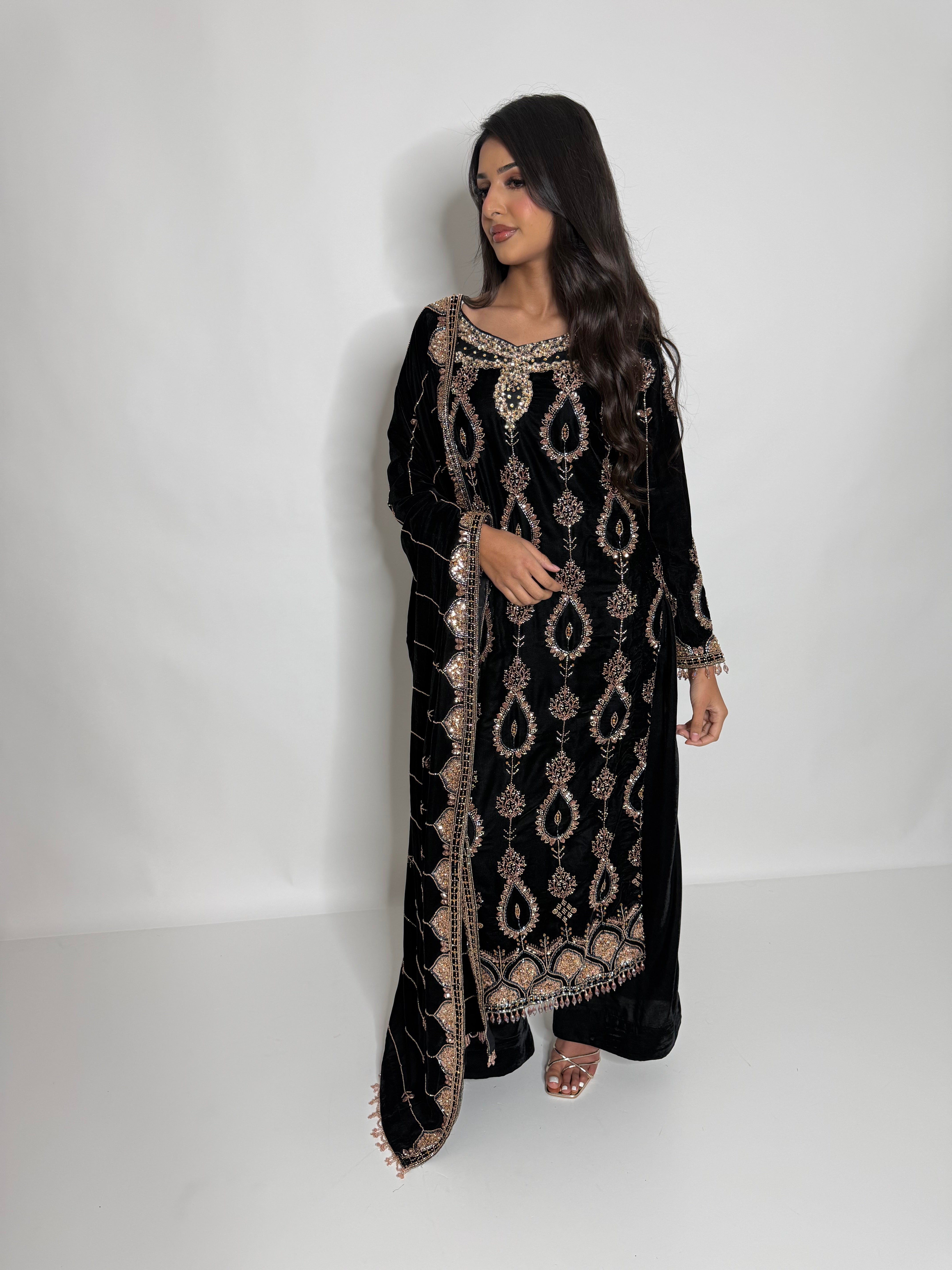Luxury black velvet Pakistani suit with gold cutdana embroidery front view