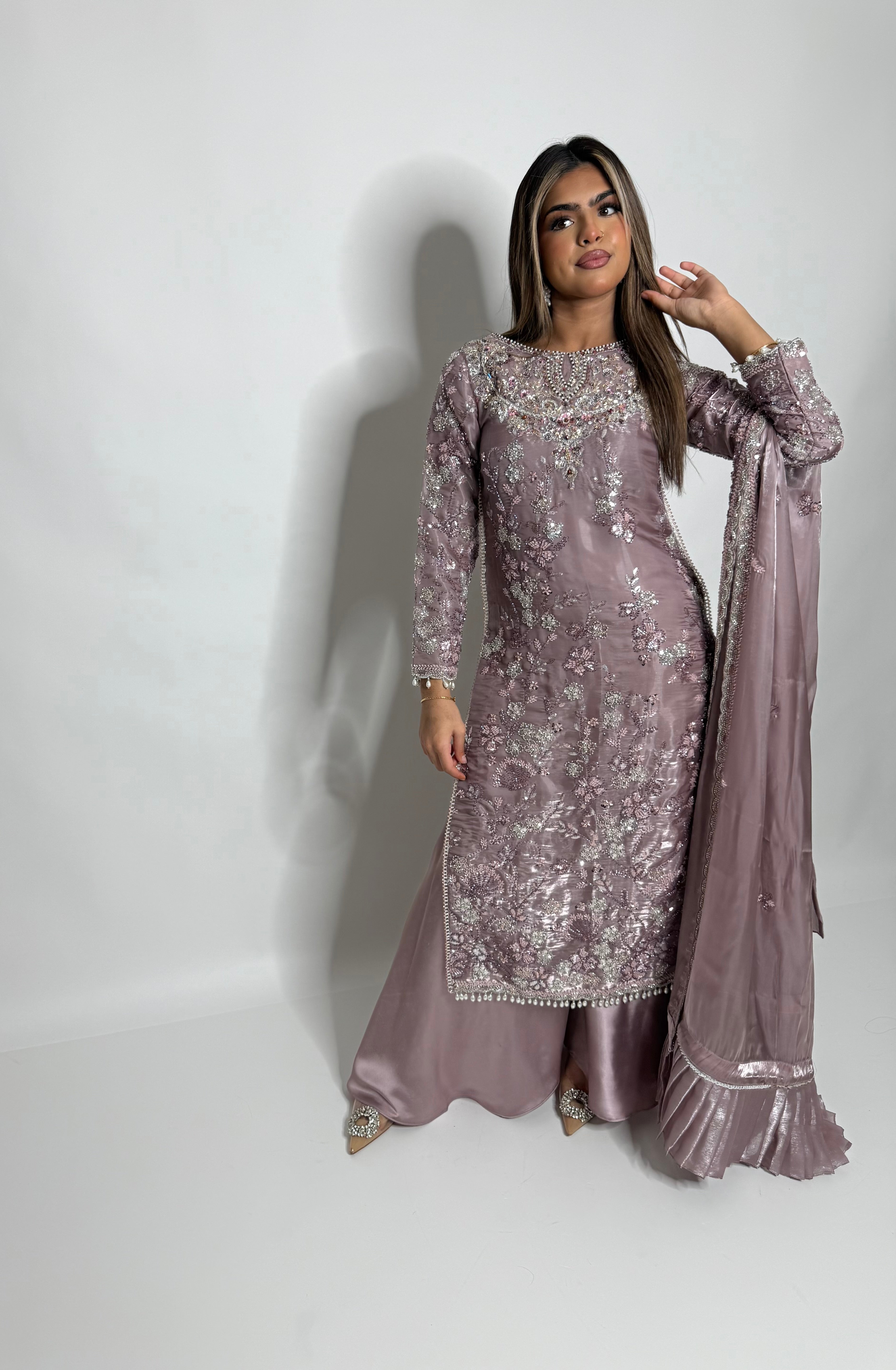 Noorah mauve cutdana silk three piece Eid formal front view