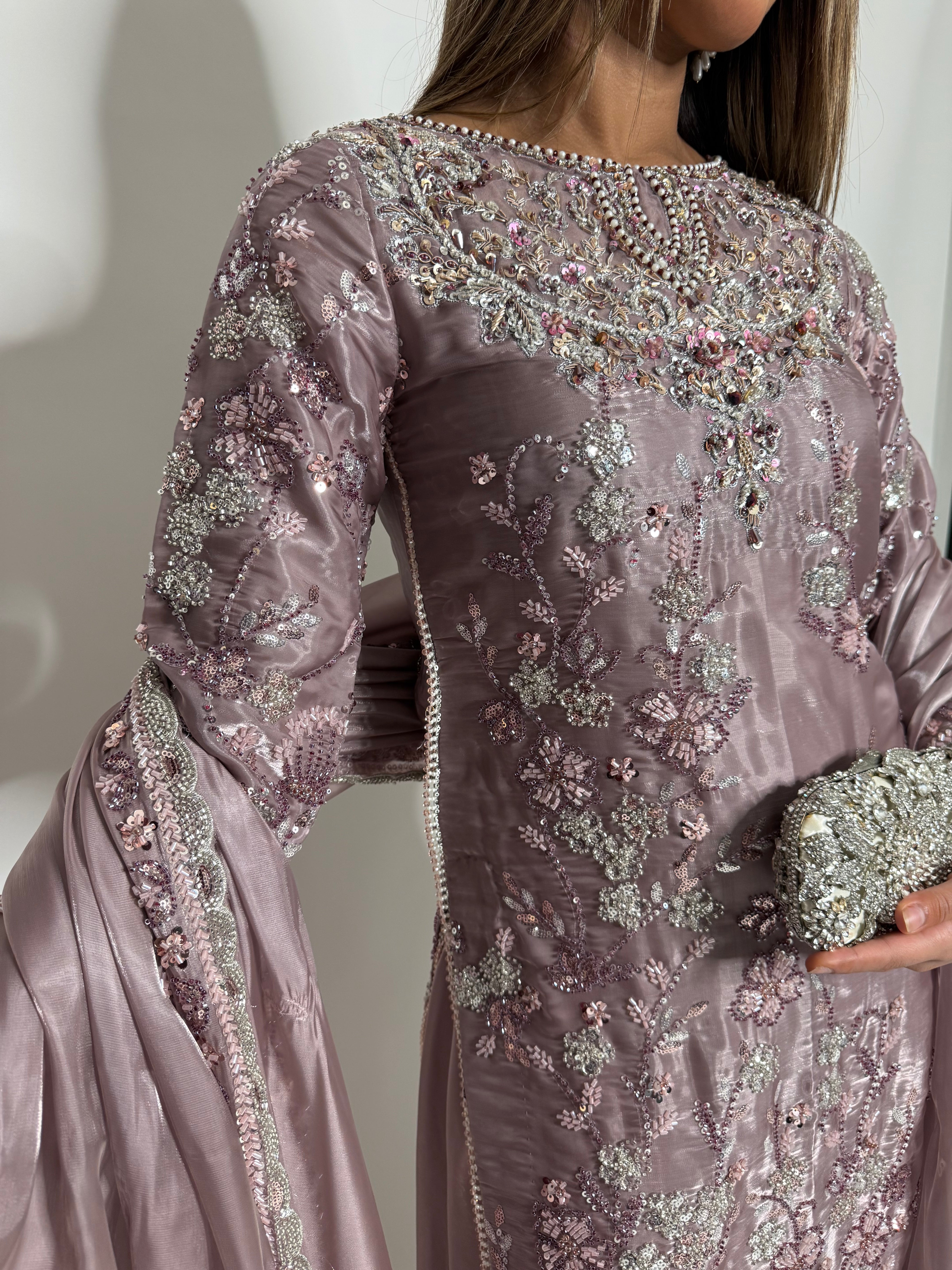 Mauve silk shirt with cutdana hand embroidery detail

