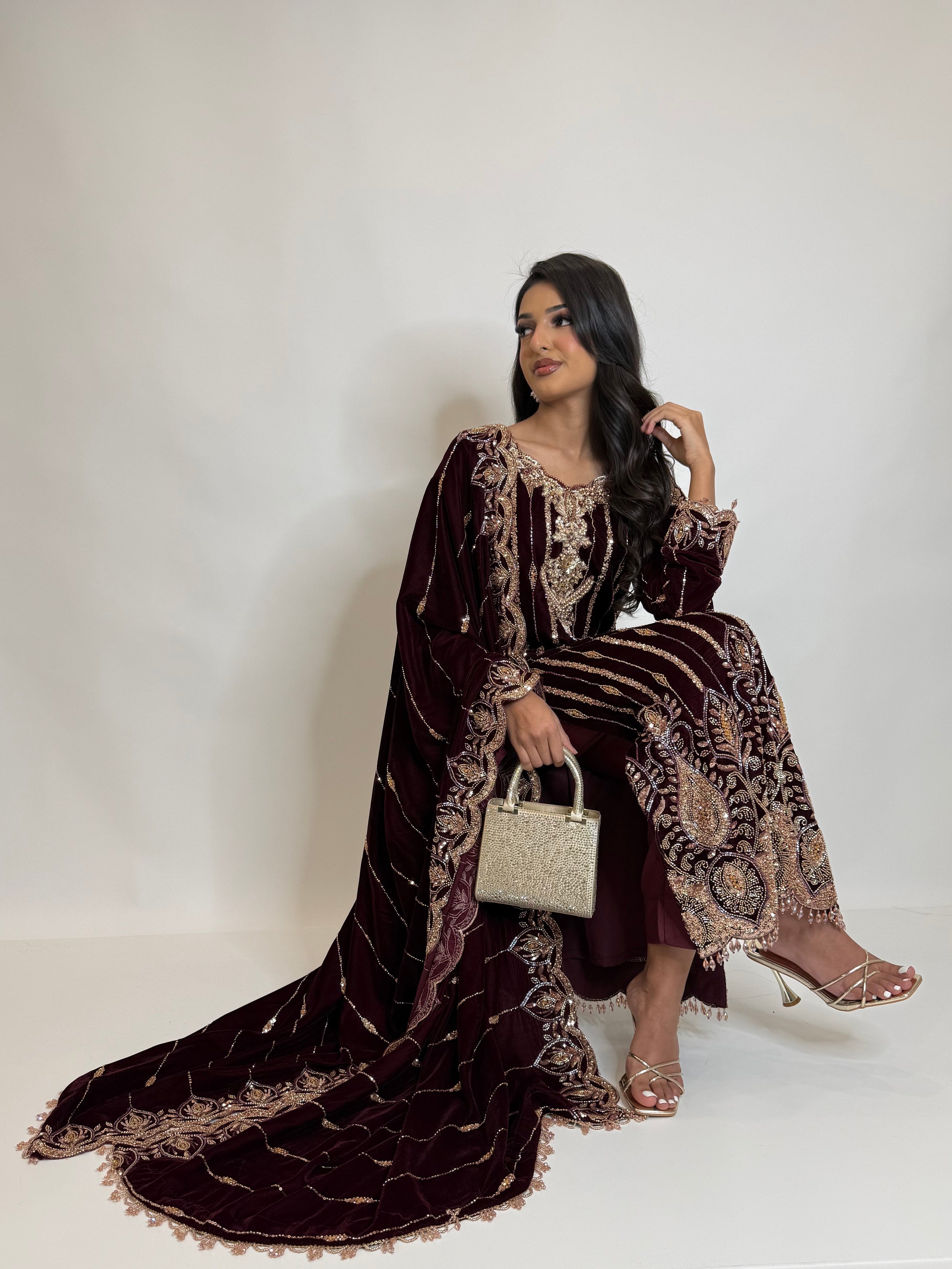 Wine velvet cutdana embroidered Pakistani suit UK wedding guest outfit 