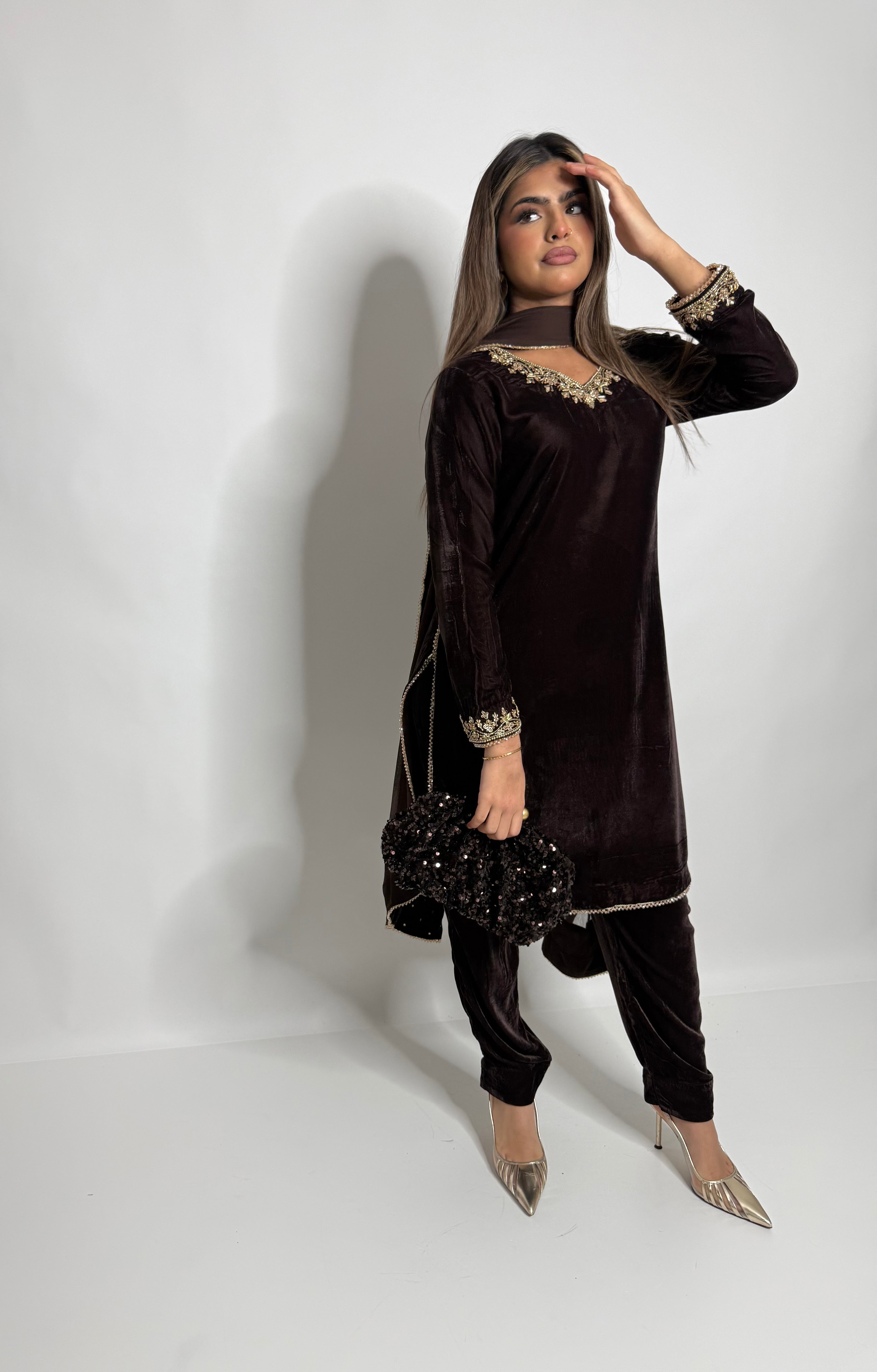 Chocolate gold velvet shirt detail Zareen Eid formal outfit